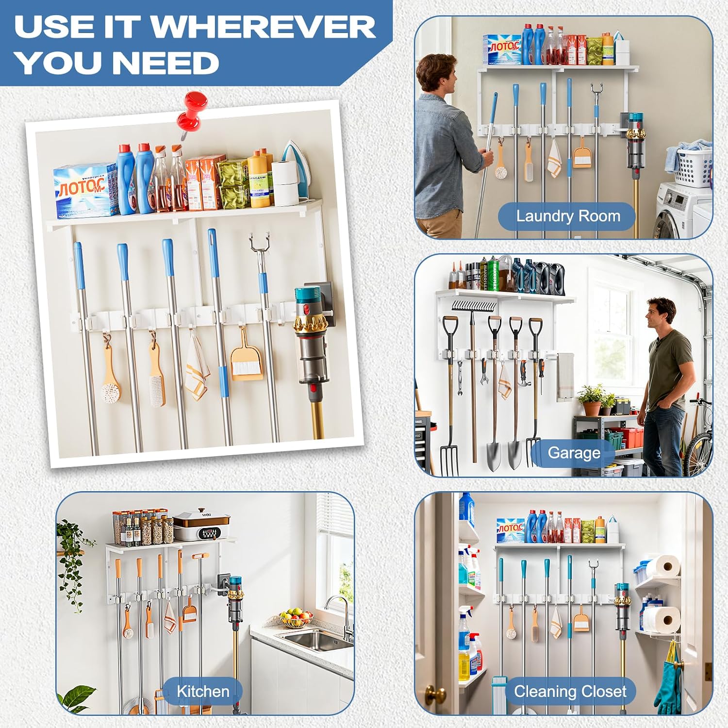 Broom Holder Wall Mount with Cleaning Supplies Organizer, Laundry Room Organization and Storage Shelf with Mop Hanger