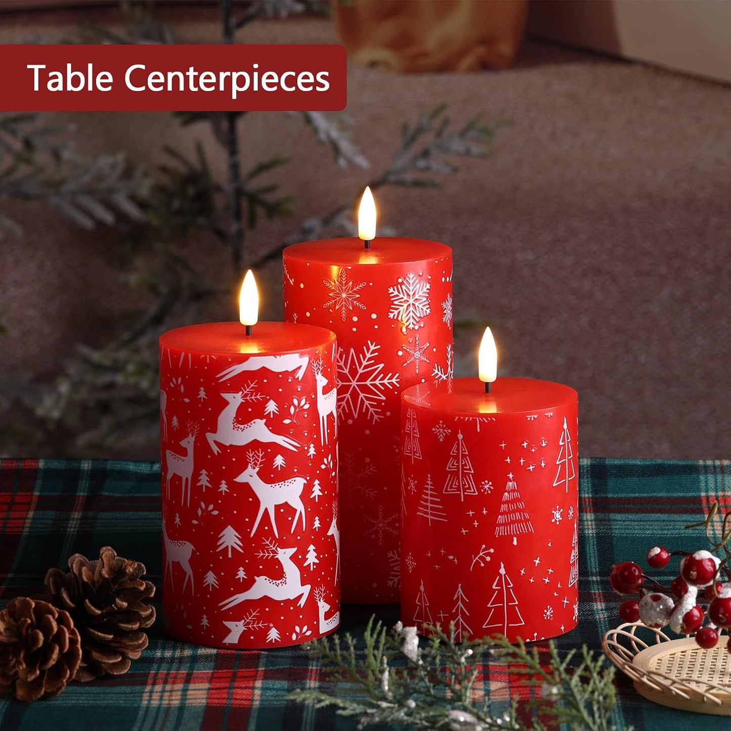 Red Deer Snowflakes Christmas Tree LED Pillar Candles with Remote Set of 3 | Flickering Flameless Wax Candles, Flat