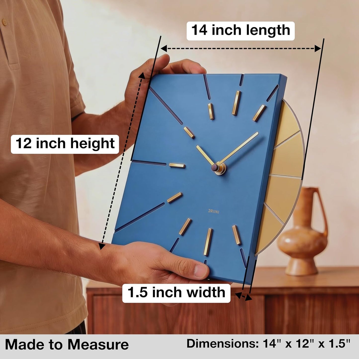 Driini Clocks Mid Century Modern Wall Clock - Square Blue Clock with Decorative Gold Accent- Unique and Cool Clock