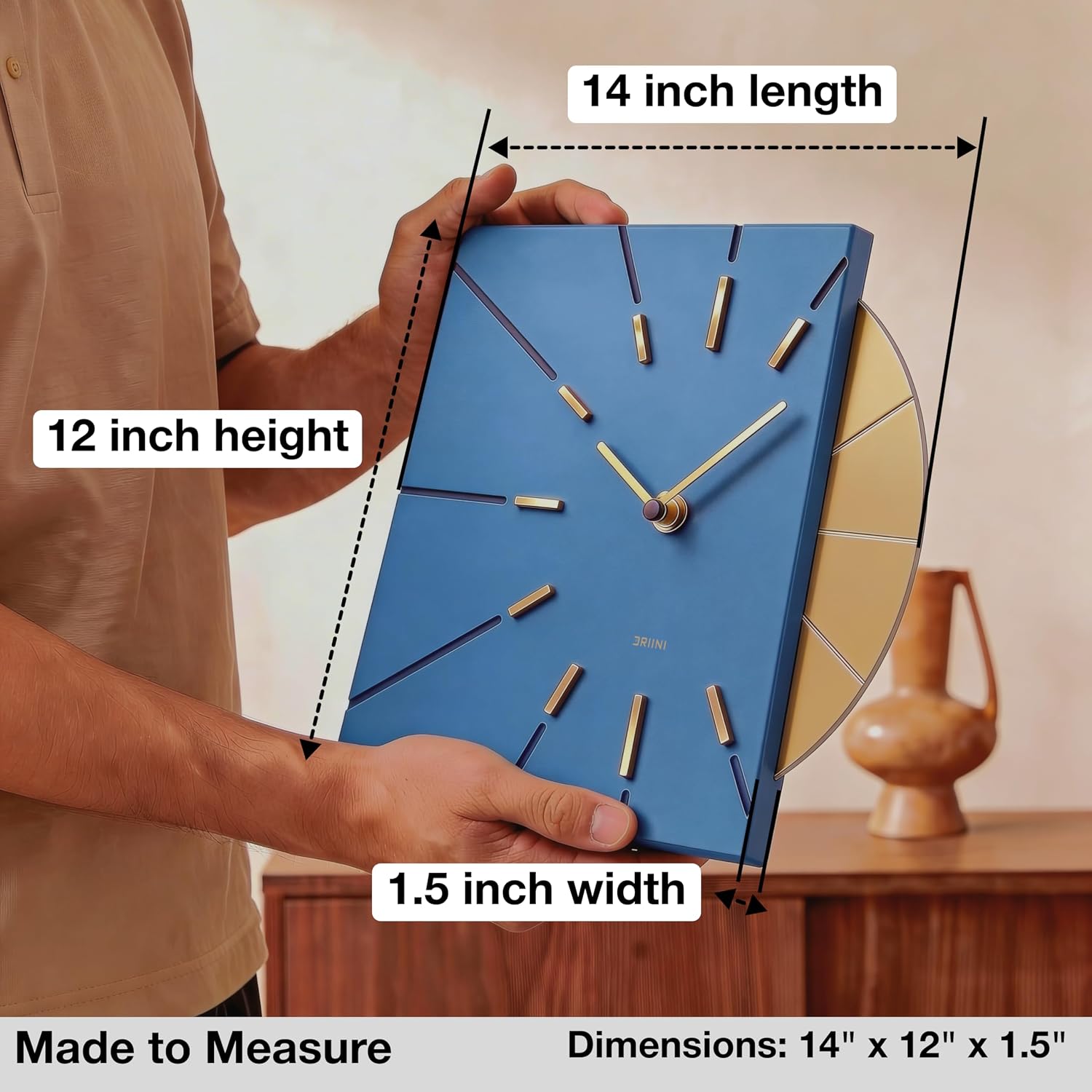 Driini Clocks Mid Century Modern Wall Clock - Square Blue Clock with Decorative Gold Accent- Unique and Cool Clock
