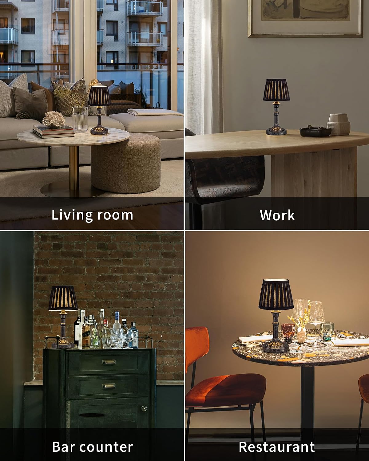 KDG Mottled Silver Cordless Table Lamps Set of 2, Black Fabric Shade Light | 2700K Stepless Dimmable 4000mAh Battery