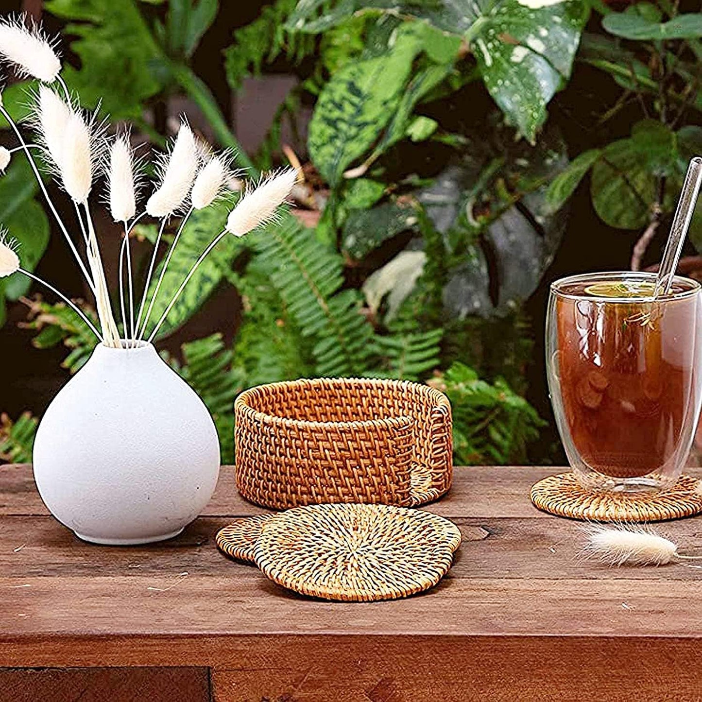 Holder / Wicker Boho Woven Coasters / Natural / Set of 6