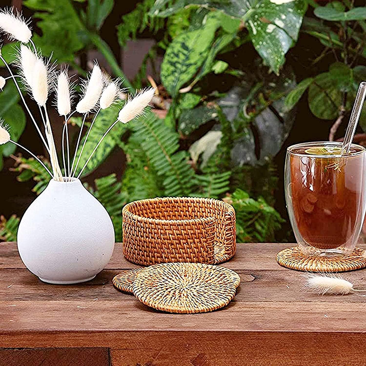 Holder / Wicker Boho Woven Coasters / Natural / Set of 6