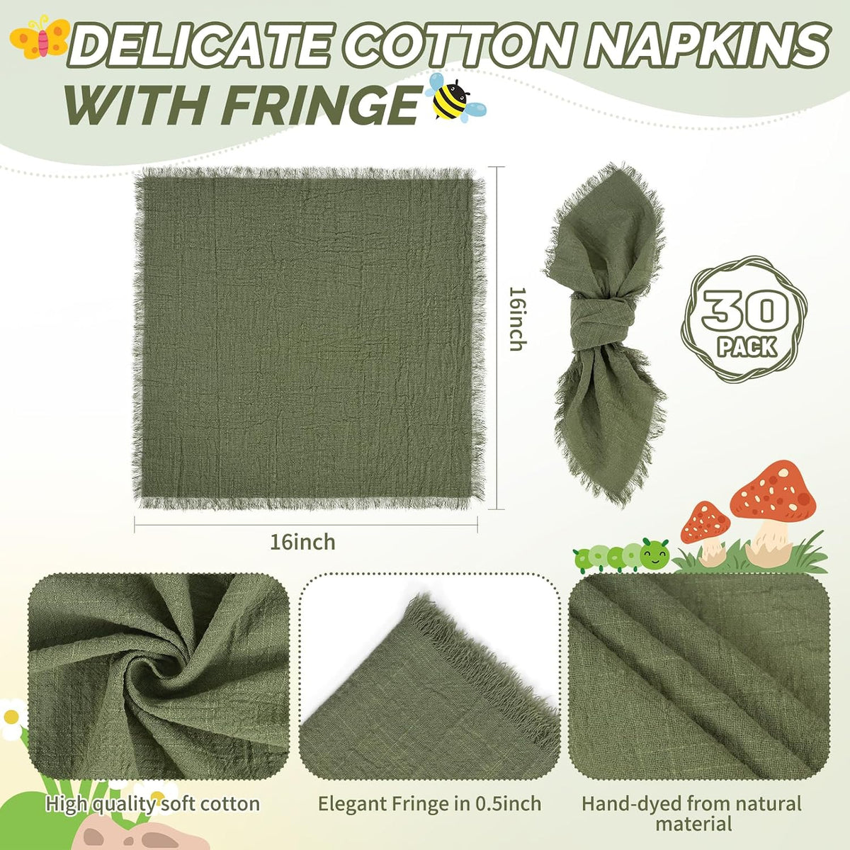 Showgeous 30 Pack Olive Green Cloth Napkins with Fringe, 16x16 inch | 100% Cotton Green Napkins Handmade Dinner Napkins