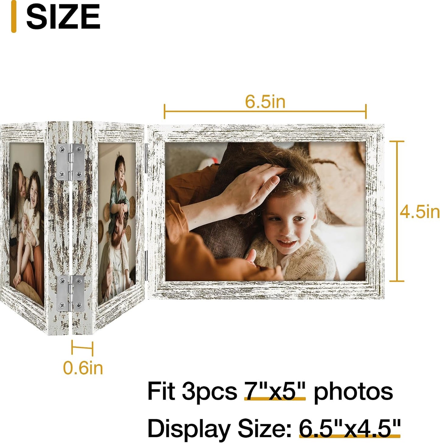 decorUhome Distressed White Triple 7x5 Picture Frame Horizontal, MDDW08 | "Z" Shape Folding Design Engineered Wood