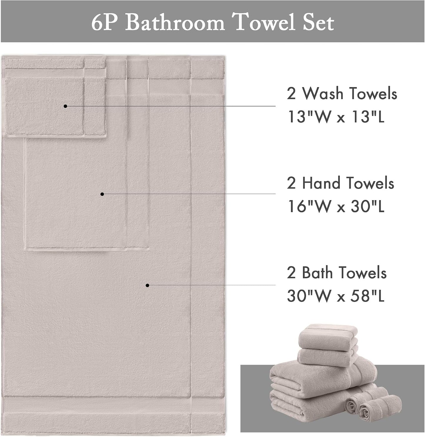 Madison Park 100% Turkish Cotton 600 GSM Bath Towel Set, 6 Piece, Taupe | Low Twist Quick Dry Shower Towels for