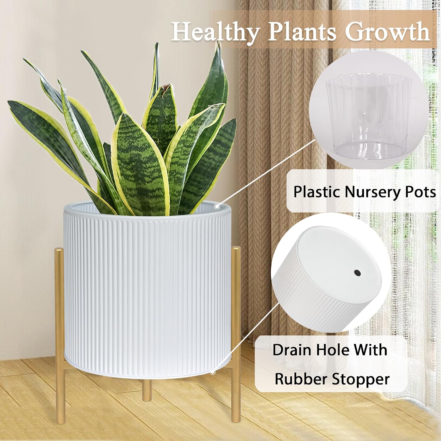 ARNIS Modern Planter Pots, Set of 2 Round Large Planters with Stand, Decorative Floor Planters, Metal Pots with