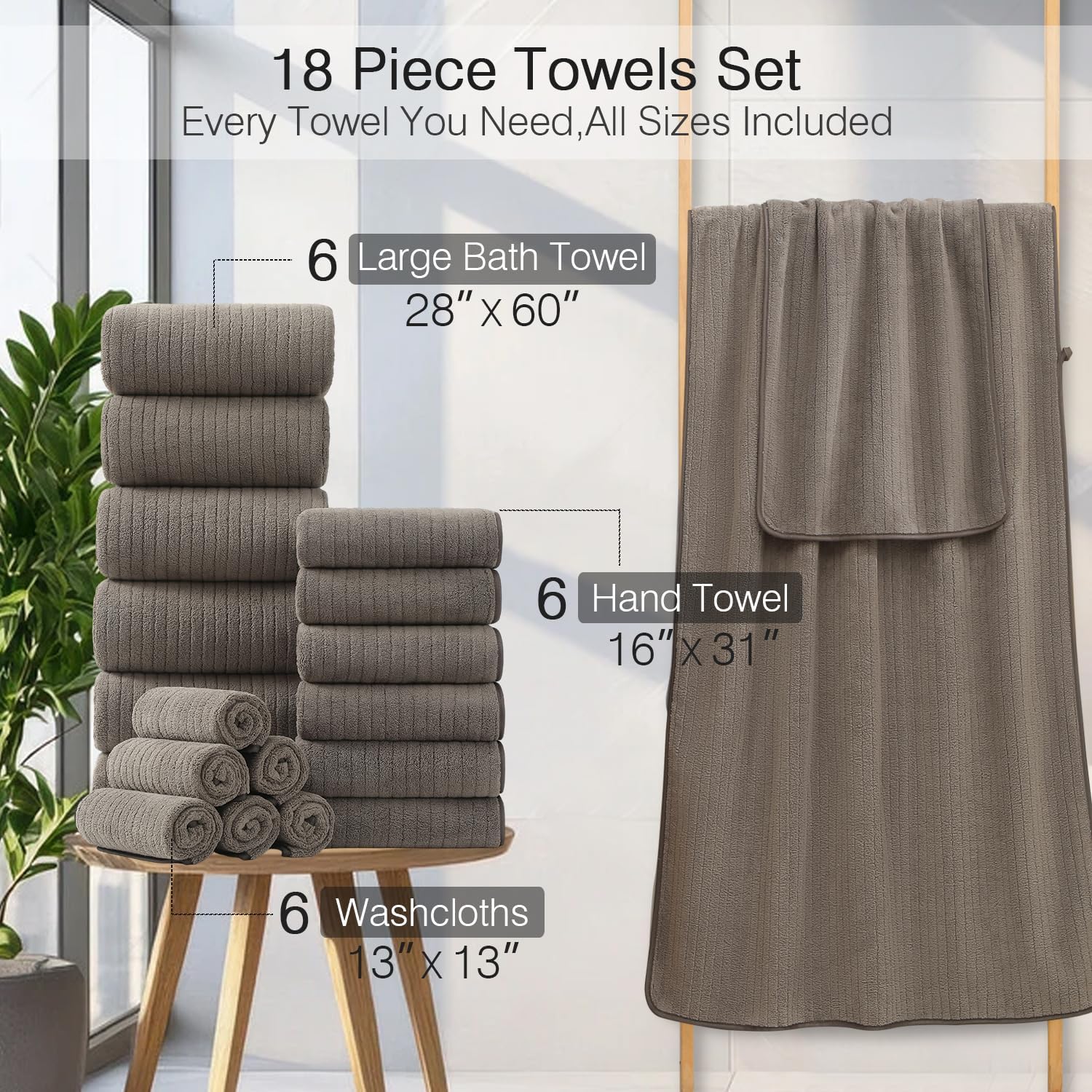 18 Piece Family Bath Towel Set Include 6 Bath Towels,6 Hand Towels and 6 Washcloths Soft Bathroom Towel with Hanging