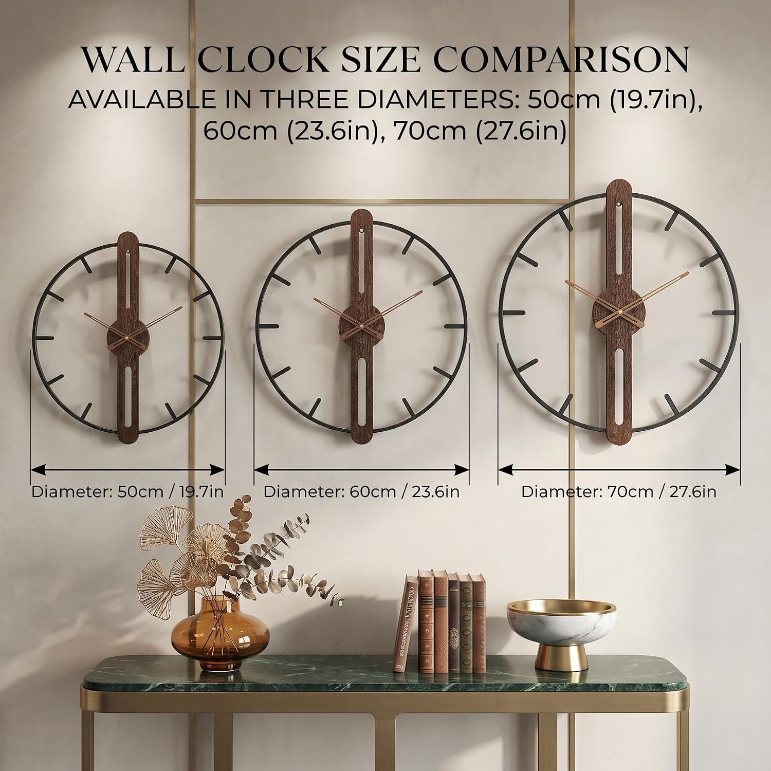 Modern Walnut Dial Wall Clock, Wood Large Wall Clock Decor Metal Frame Silent Non Ticking for Living Room, Bedroom