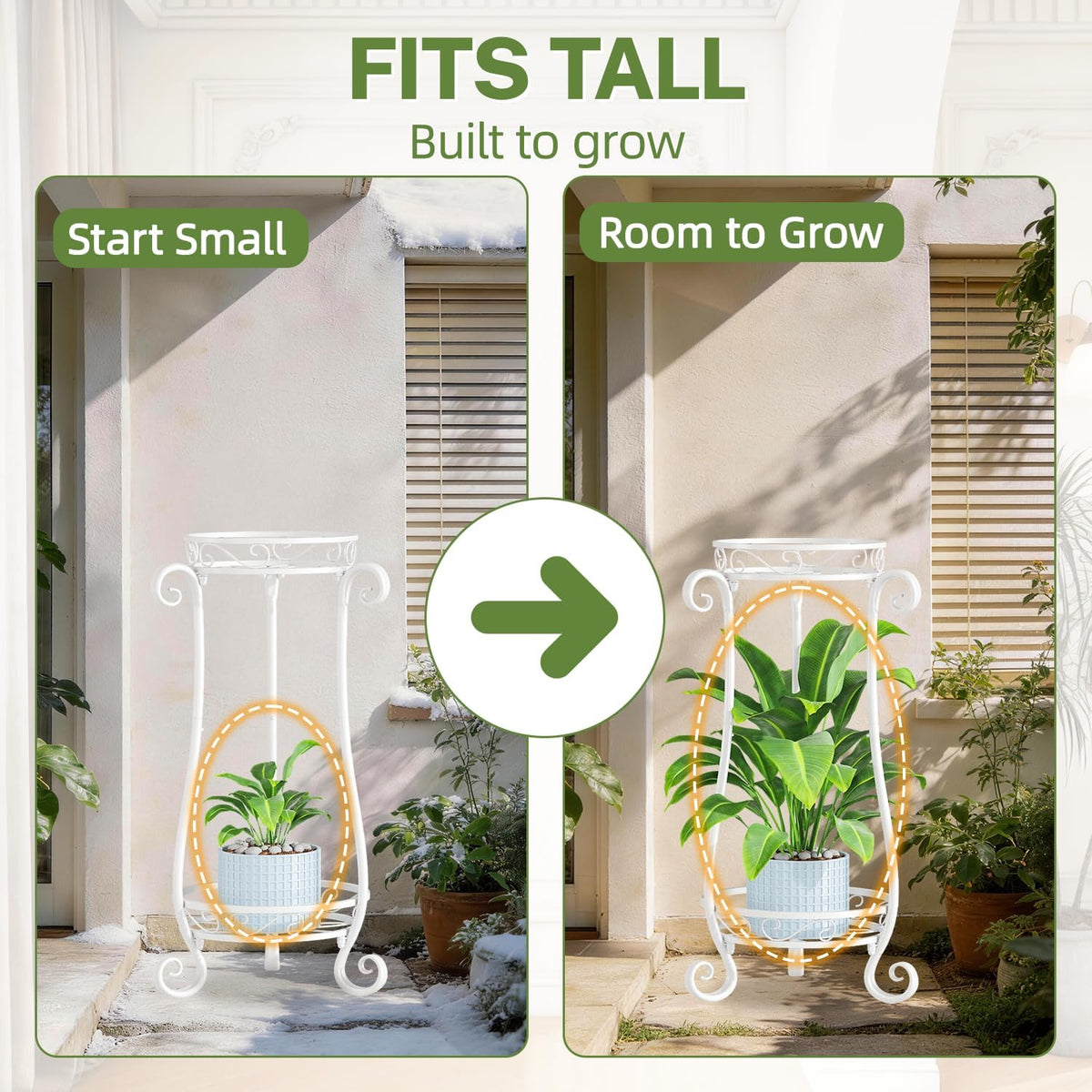 iDavosic.ly 2 Tier Tall Metal Plant Stand Outdoor Indoor, 27 Inch, White | Corner Flower Pot Holder Shelf, Wrought Iron