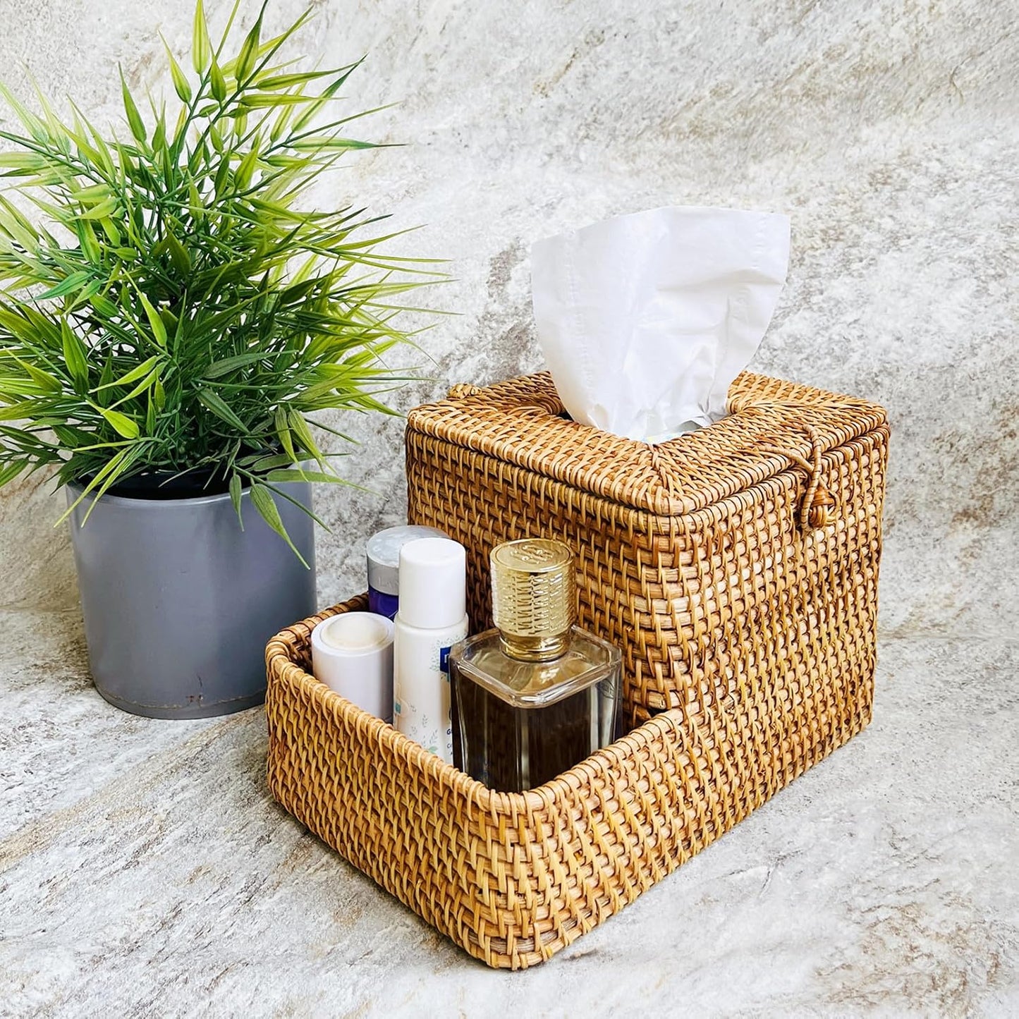 Decorative Square Rattan Tissue Box and Condiment Organizer / Natural Brown with Compartment / 6 x 6