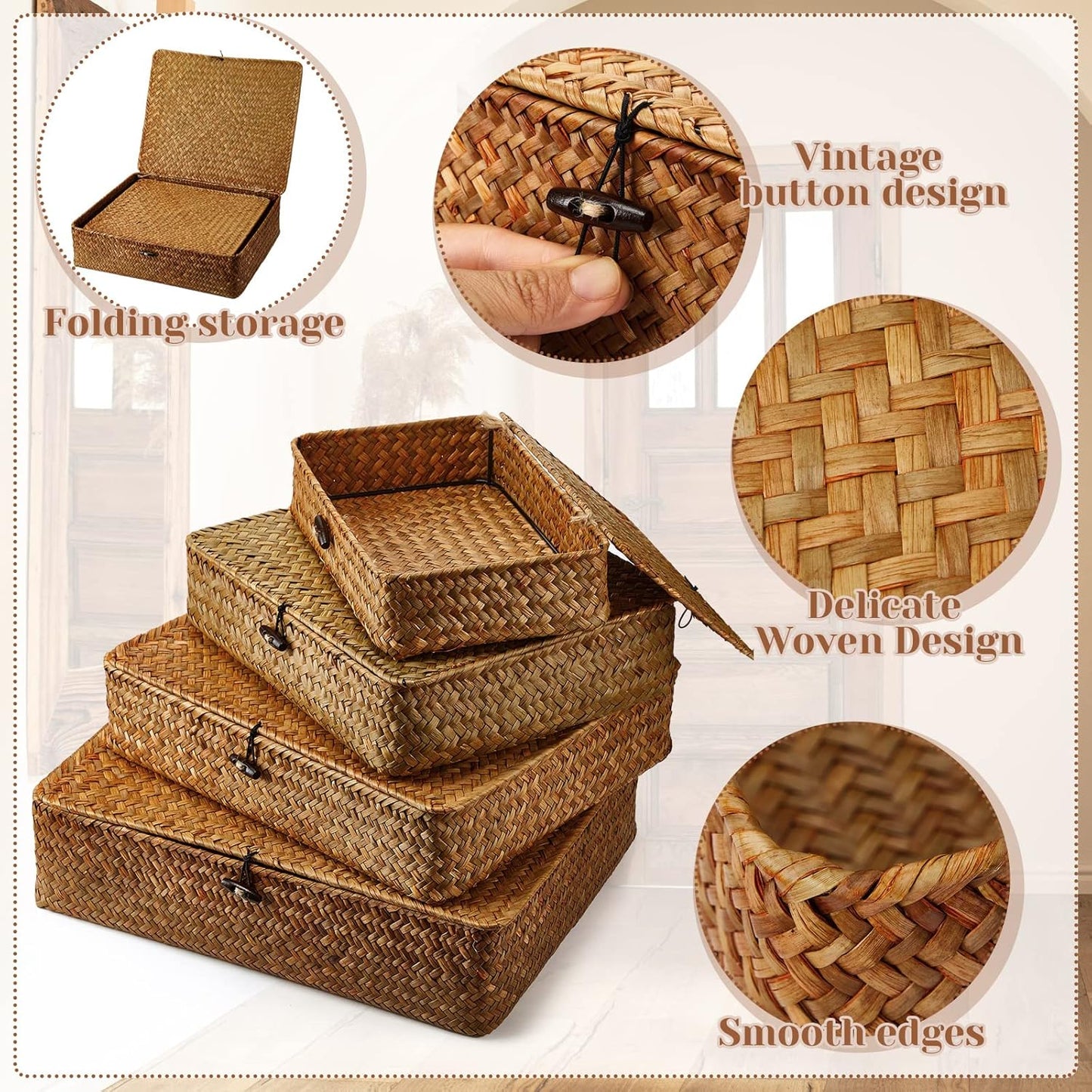 Seagrass Basket / Lid Wicker Storage Basket Decorative Storage Boxes / Brown / Set of 4