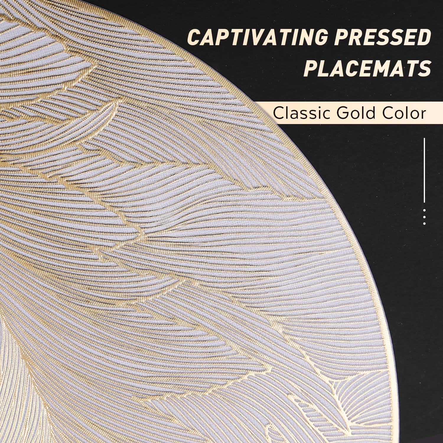 FAVE 12PCS Gold Feather Placemats, Round Vinyl, Non-Slip & Wipeable, 15" | Shimmering Metallic Gold Table Decor for