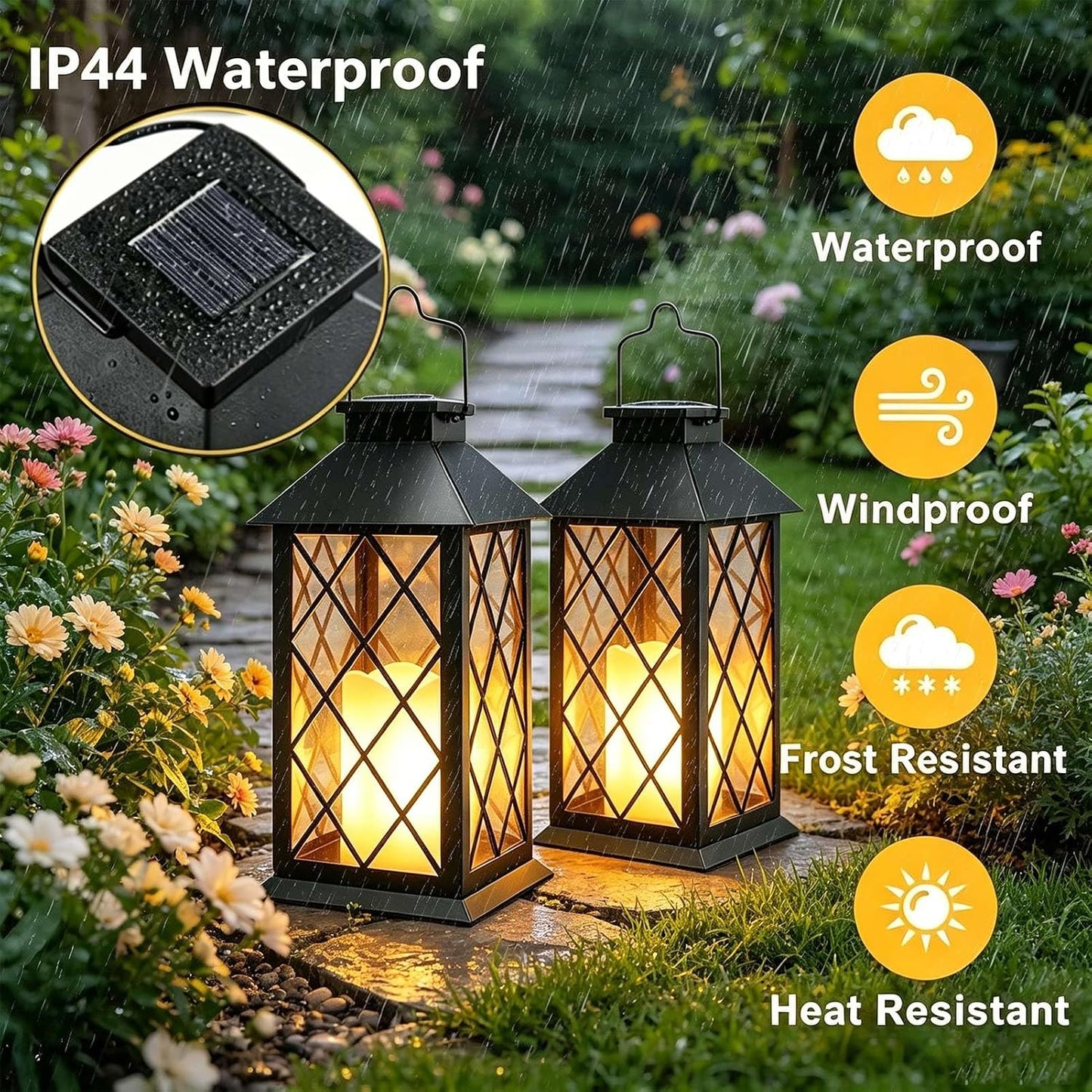 2 Pack 9" Medium Tempered Glass Solar Lanterns Outdoor Waterproof | Hanging Solar Lights with Flickering Flameless