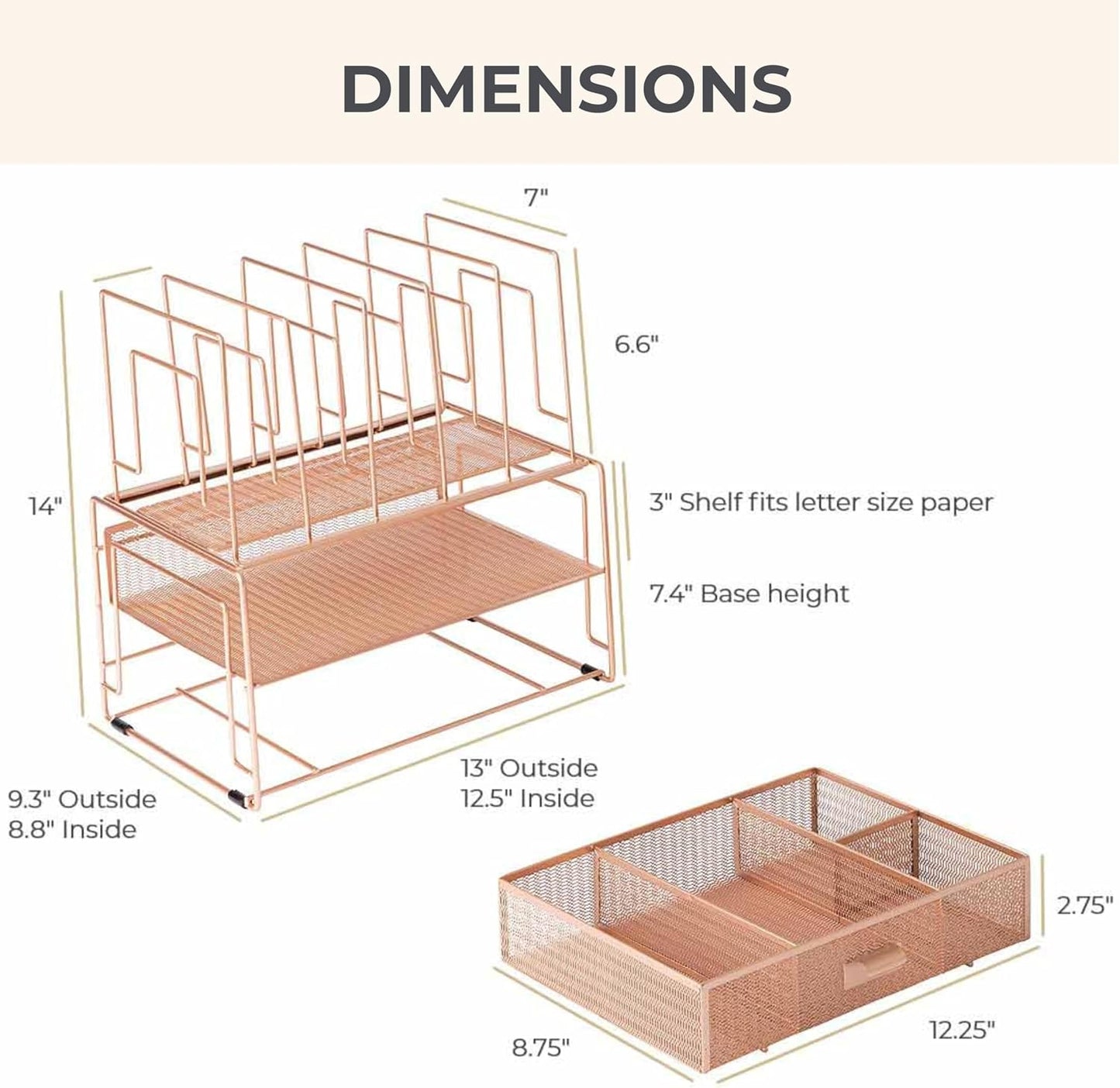BLU MONACO | Rose Gold Desk Organizer with Drawer | Metal Desk Organizer with File Sorters and Storage Compartments