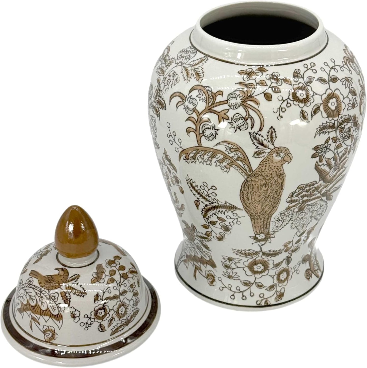 Brown & White Parrot Floral Chinoiserie Ceramic Temple Jar 18" w/Lid / Brown Parrot