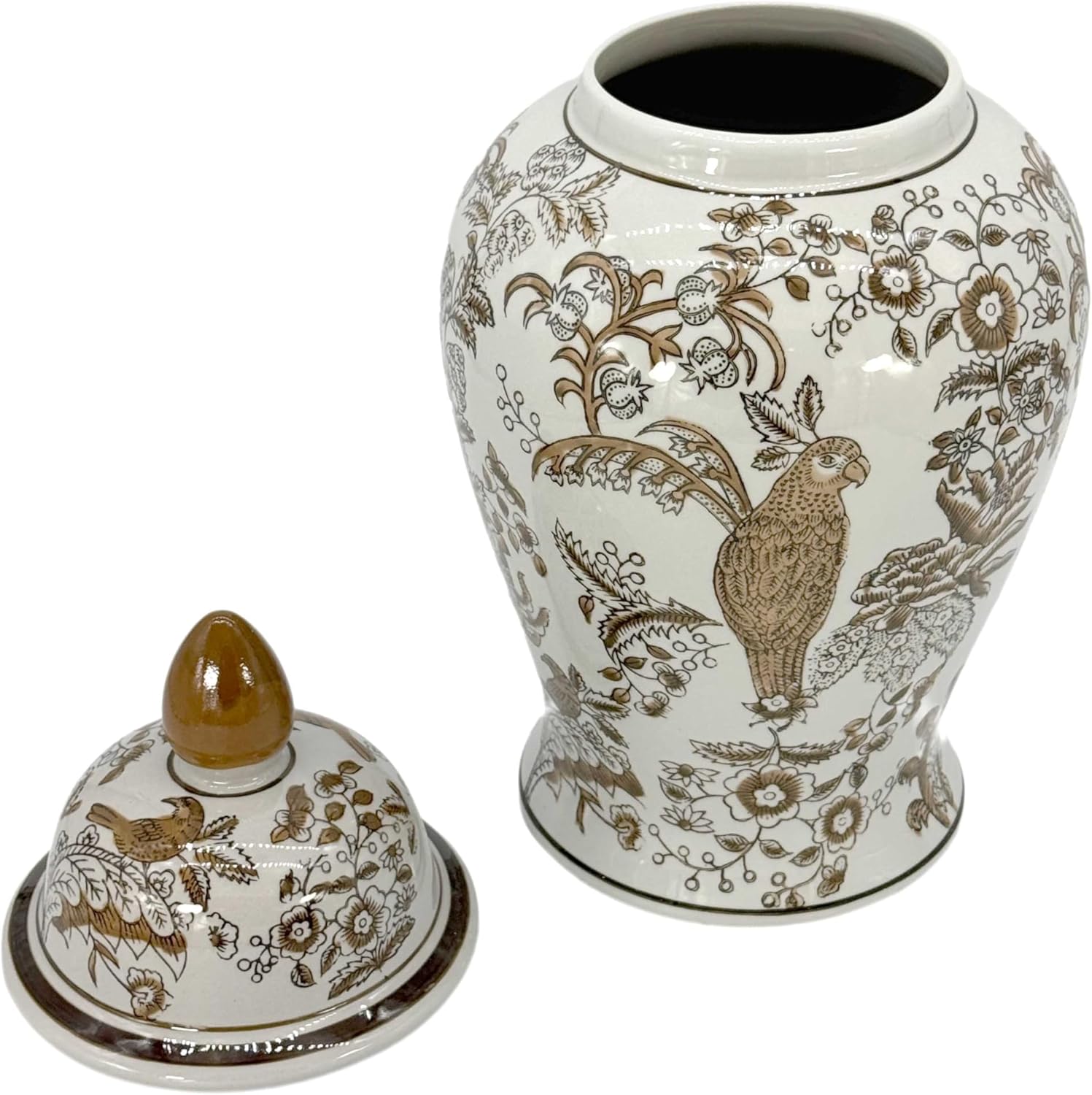 Brown & White Parrot Floral Chinoiserie Ceramic Temple Jar 18" w/Lid / Brown Parrot