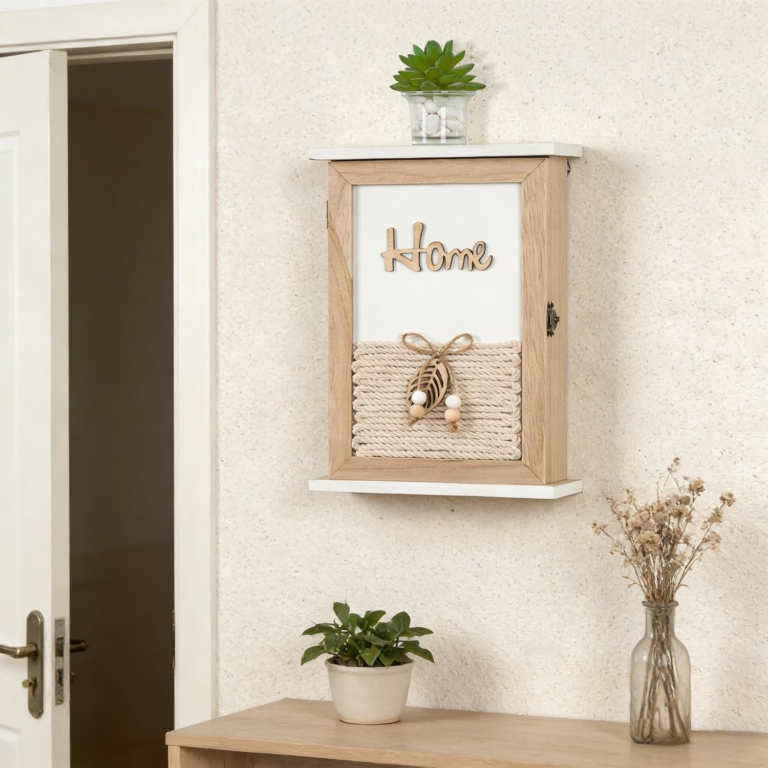 Rustic Wooden Key Holder Wall Mount Key Box / Natural Wood with Jute Rope