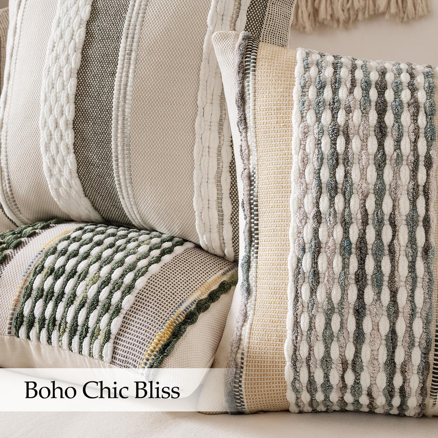 Boho Decorative Throw Pillow Covers Farmhouse Cushion Case / Olive Green Stripe / 18 x 18 / Set of 2