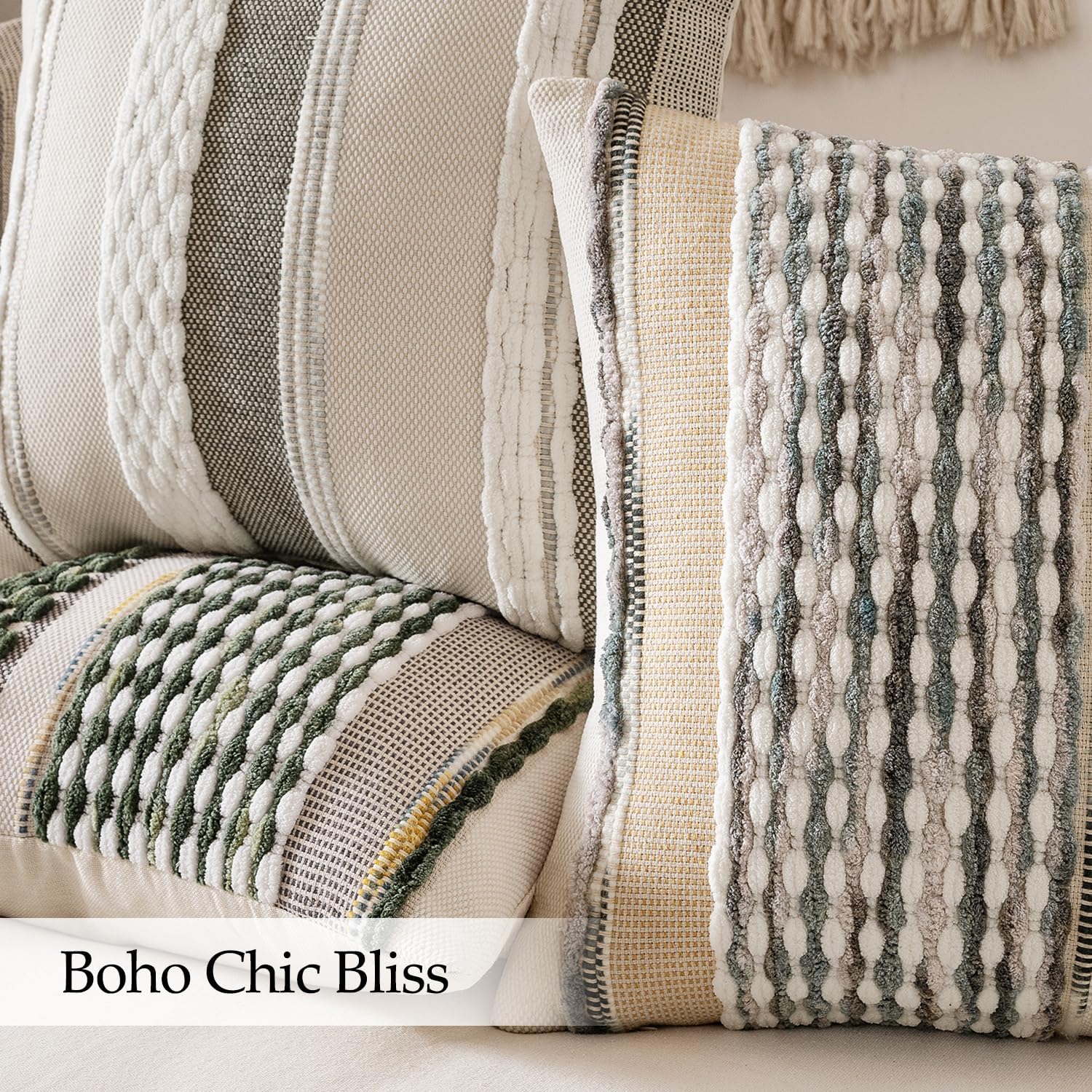 Boho Decorative Throw Pillow Covers Farmhouse Cushion Case / Olive Green Stripe / 18 x 18 / Set of 2