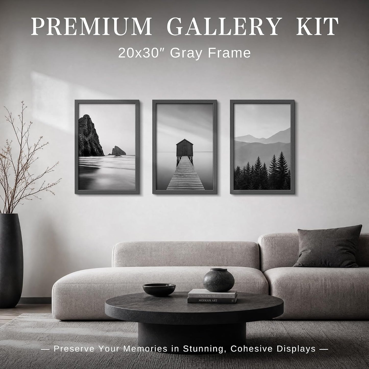 VCK 20x30 Poster Frames Set of 3, Grey Woodgrain, Wall Hanging | Wide Border, Exclusive Woodgrain, Shatterproof