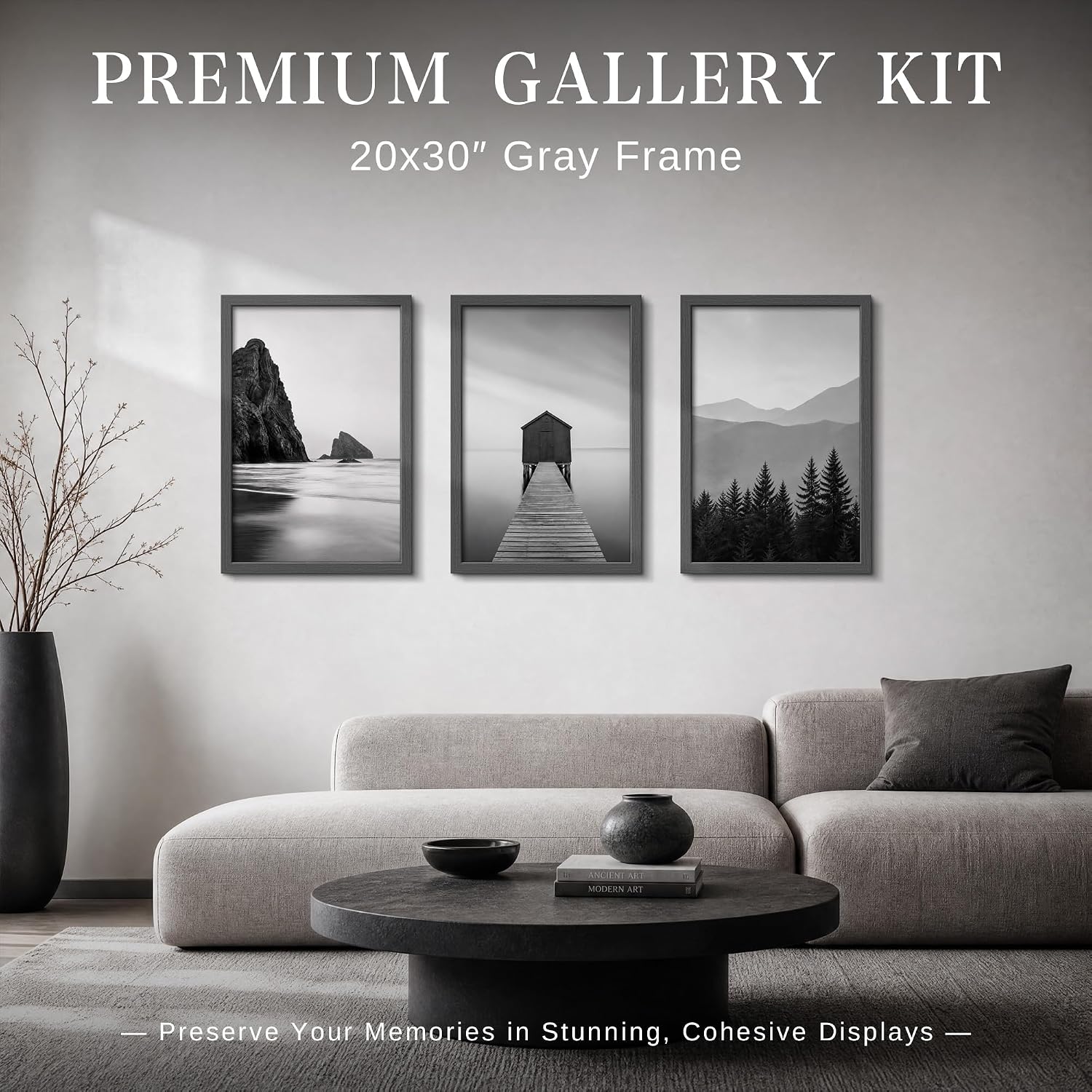 VCK 20x30 Poster Frames Set of 3, Grey Woodgrain, Wall Hanging | Wide Border, Exclusive Woodgrain, Shatterproof