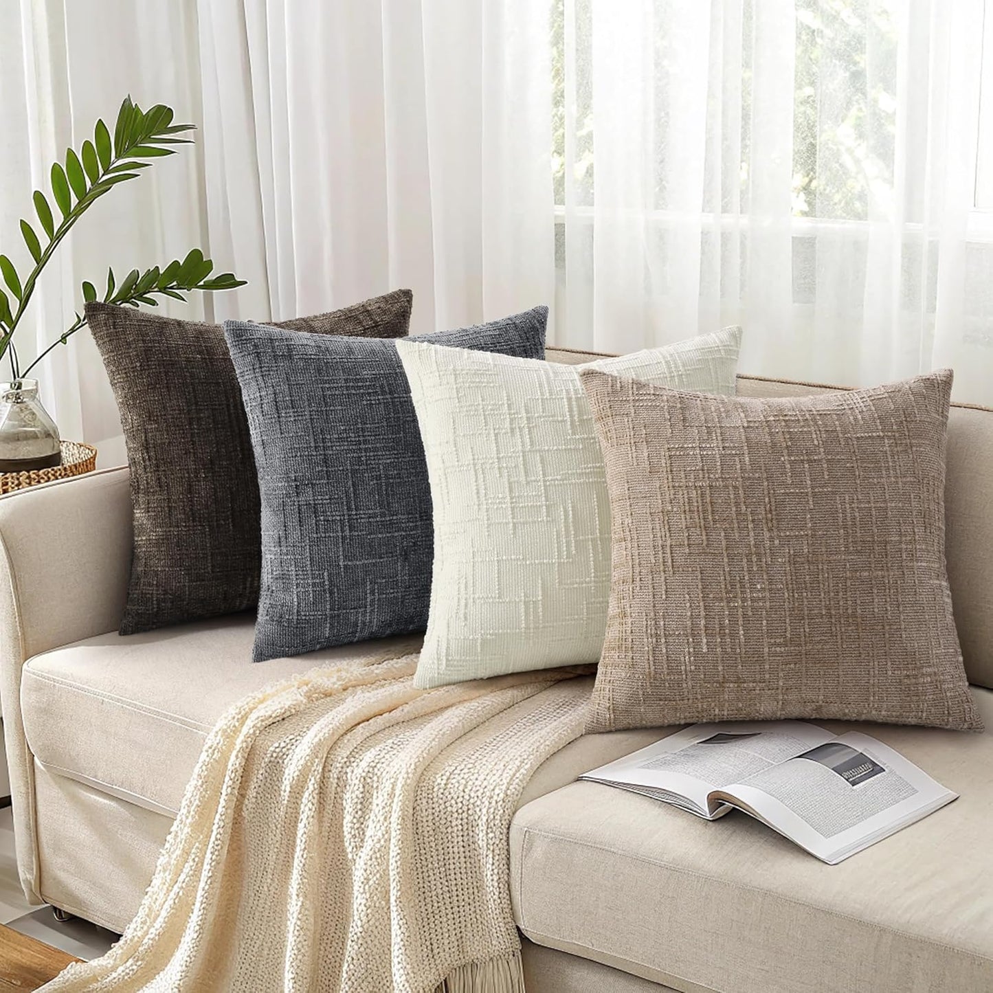 Fall Chenille Throw Pillow Covers Textured Soft Slubby Couch Pillow / Oatmeal / 18 x 18 / Set of 2