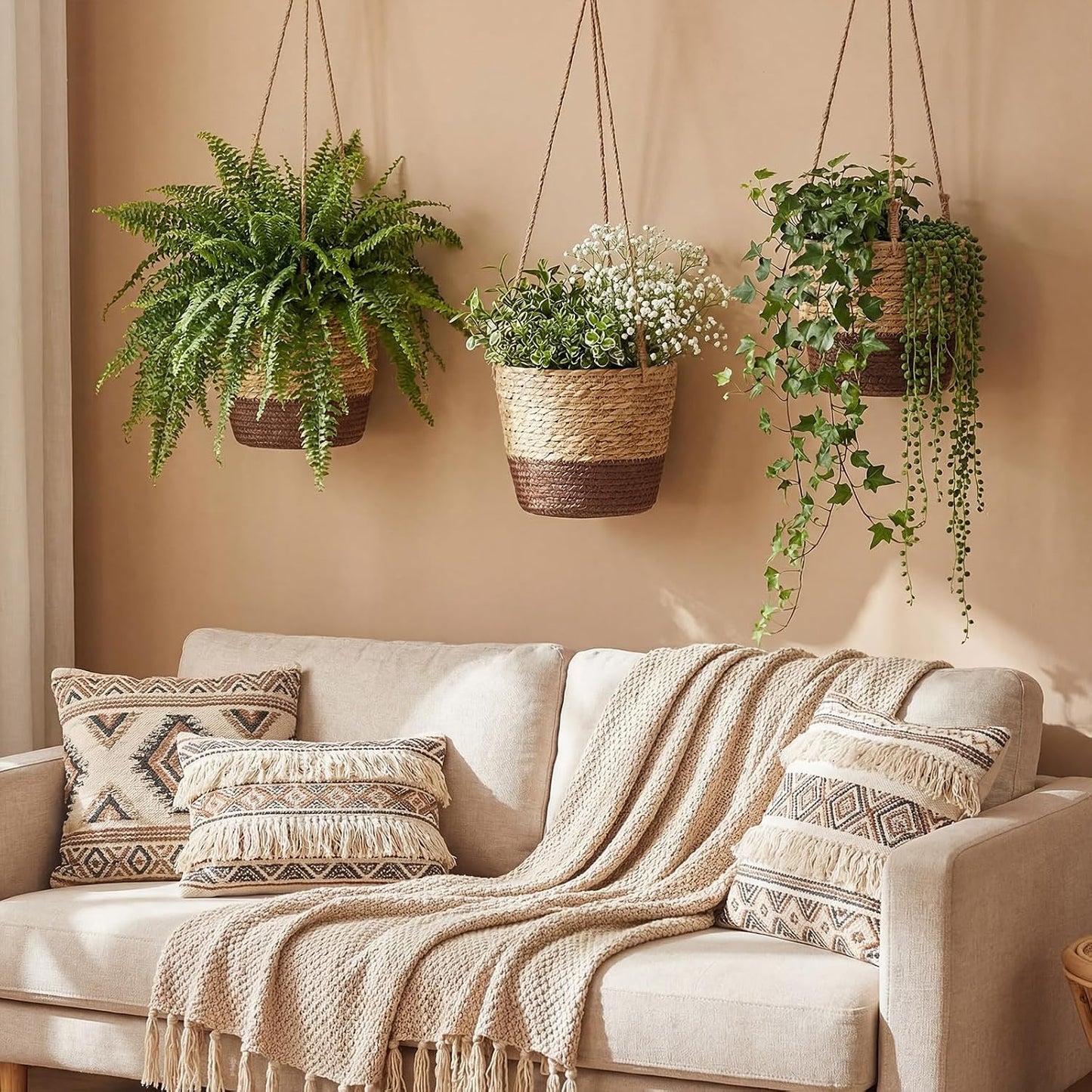 Seagrass Hanging Planter Basket Hand Woven Plant Basket / Brown, Coffee Brown / Small / Set of 6