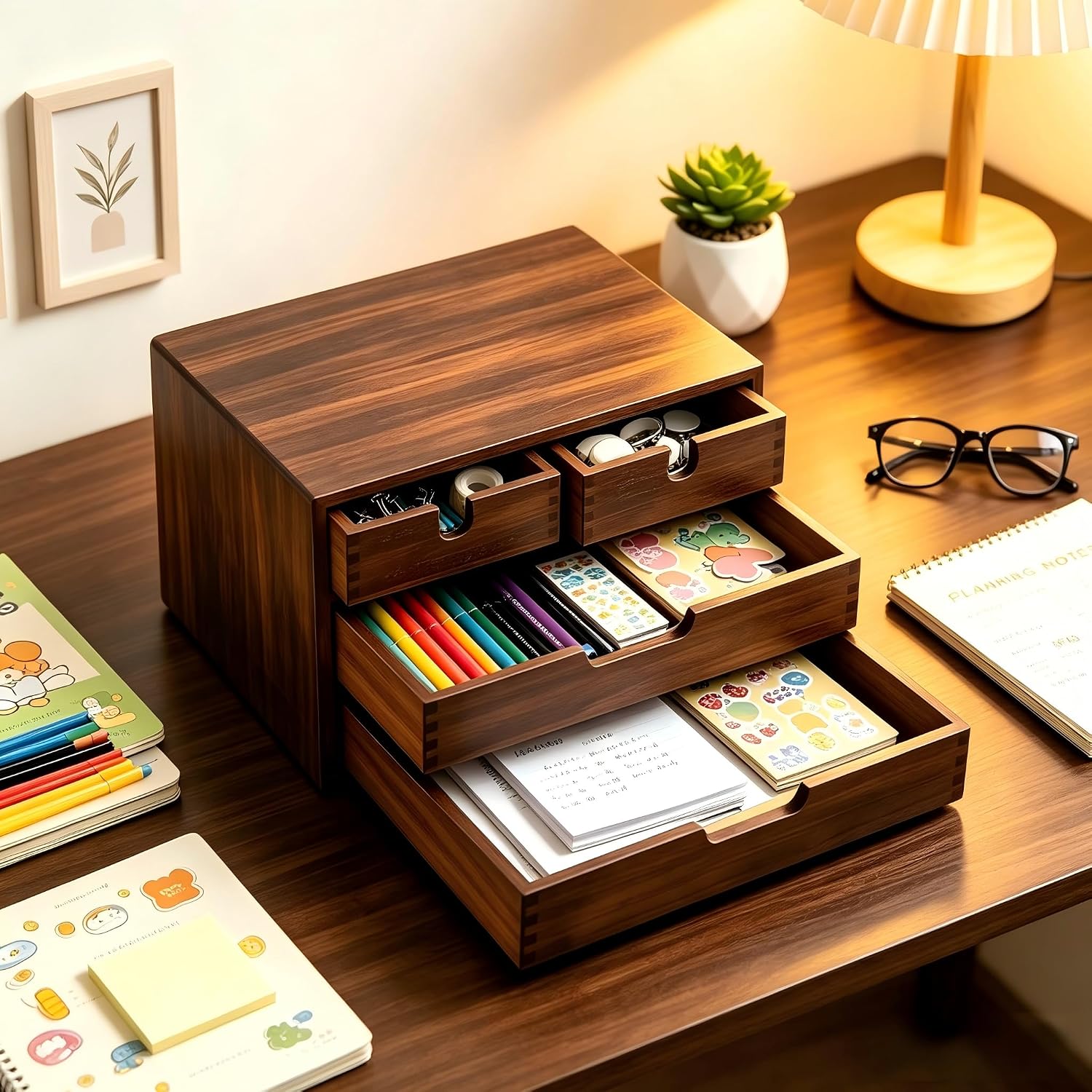 Bamboo Desk Organizer, 100% Natural Bamboo Desktop Drawer Organizer, Dark Brown Tabletop Storage Cabinet Organization