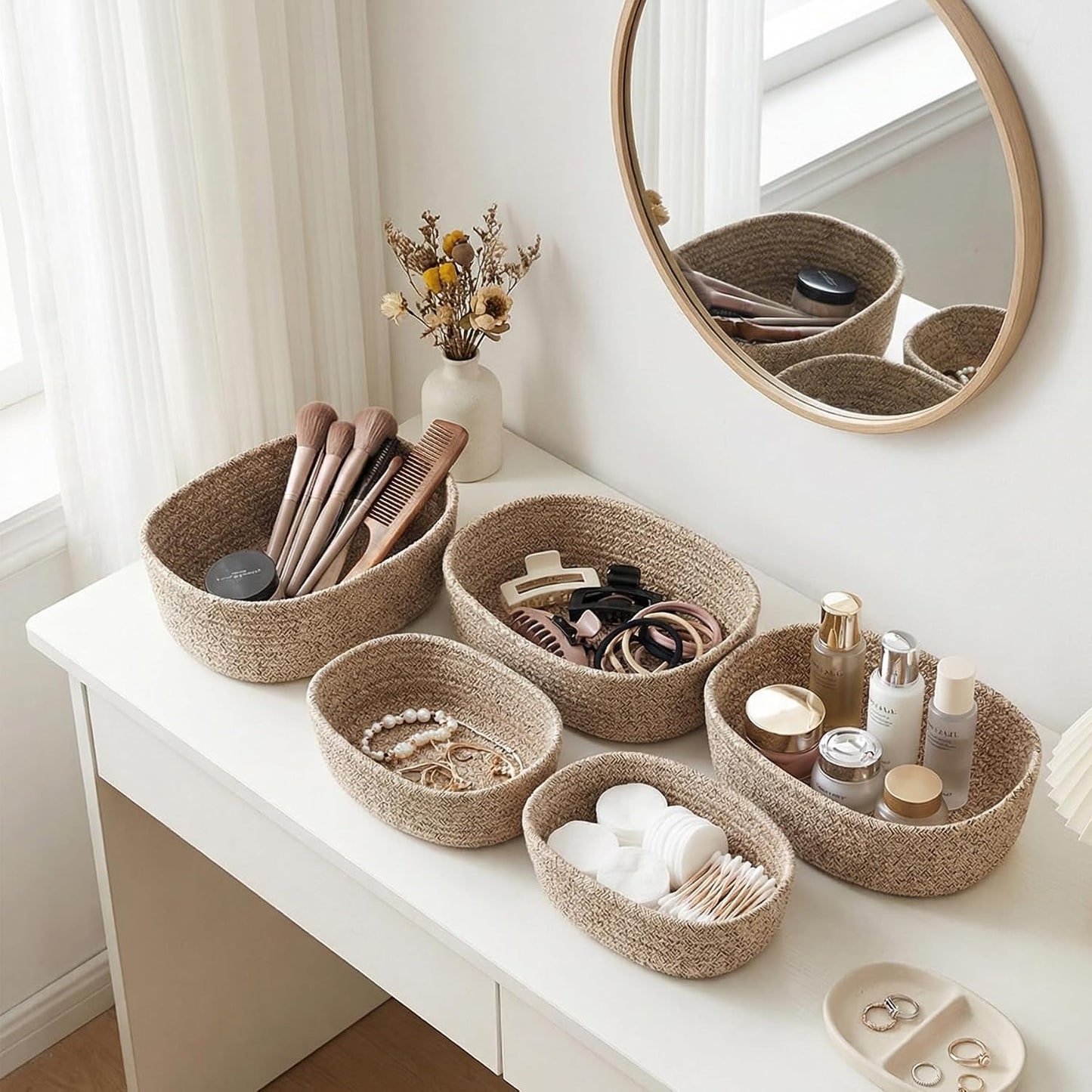 Small to Large Graduated Size Set Soft Rope Shelving Organizers Boho Home / Flax Brown / Set of 5