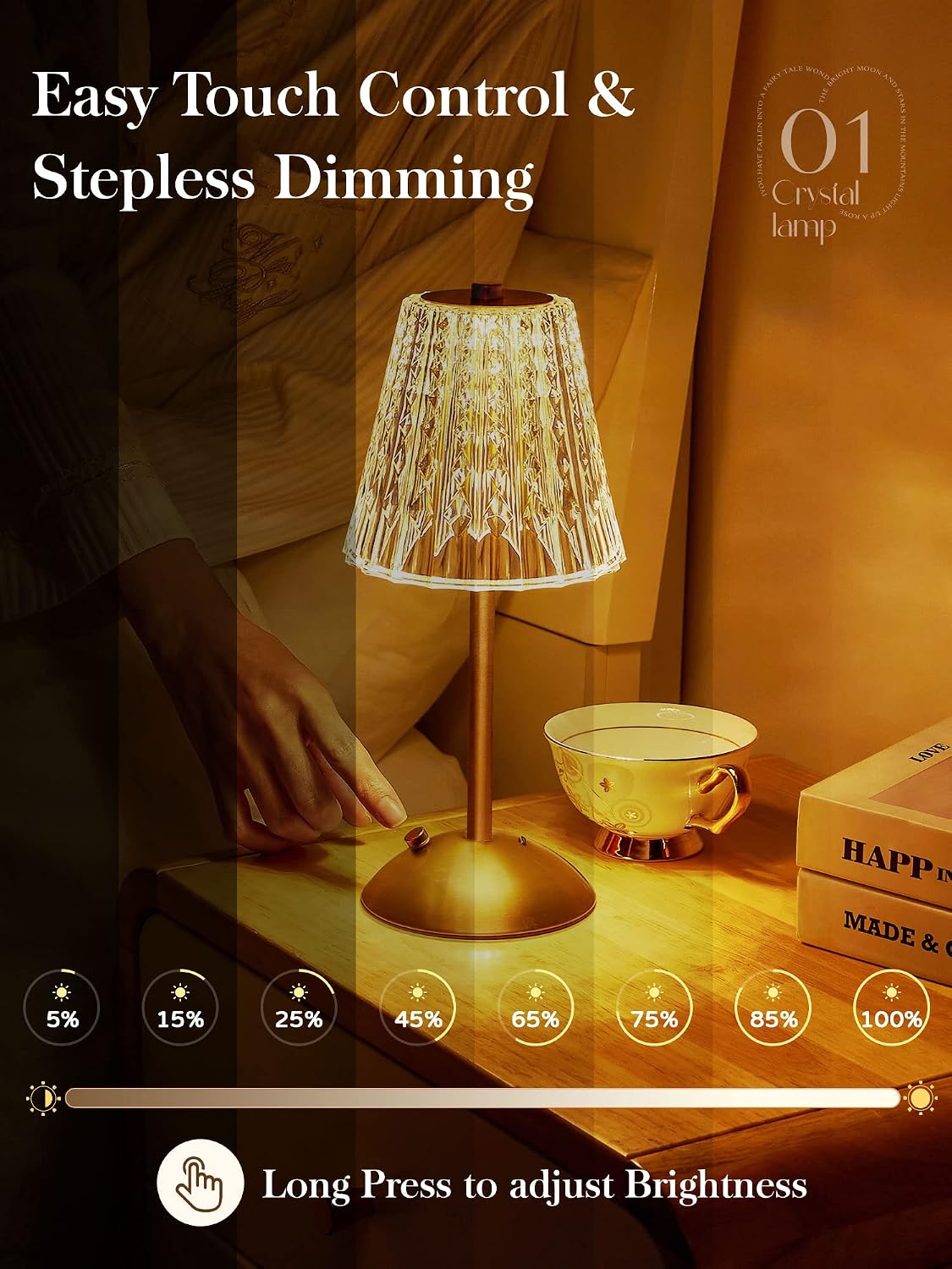 【3200mAh】Brass Table Lamp, 3 Colors+Dimmable+Touch Crystal Lamp LED Gold Lamp, Mood Lighting Mood Light, Brass Decor