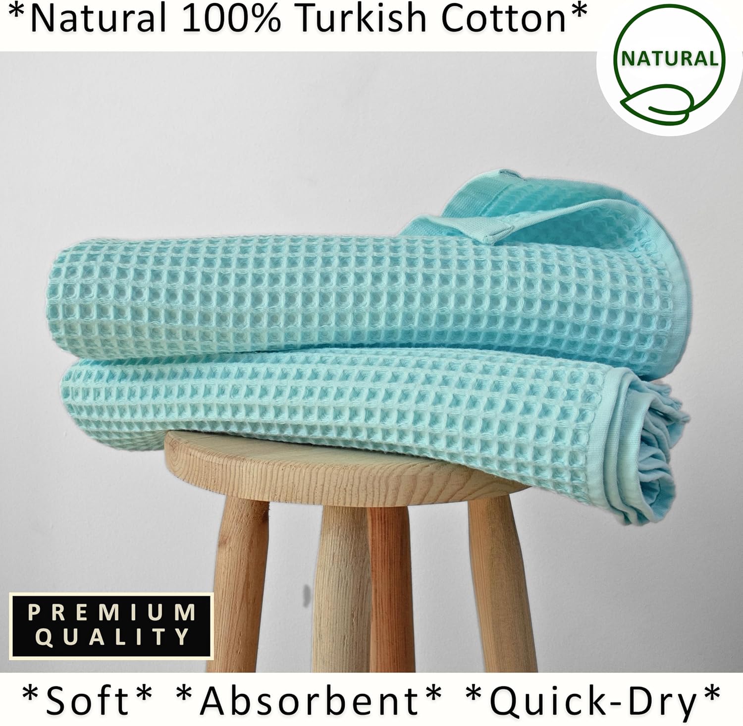 PÜSKÜL Natural 100% Turkish Cotton Waffle Bath Towels Set of 2, Extra-Large | Turquoise, Oversize 32x63" Bath sheet
