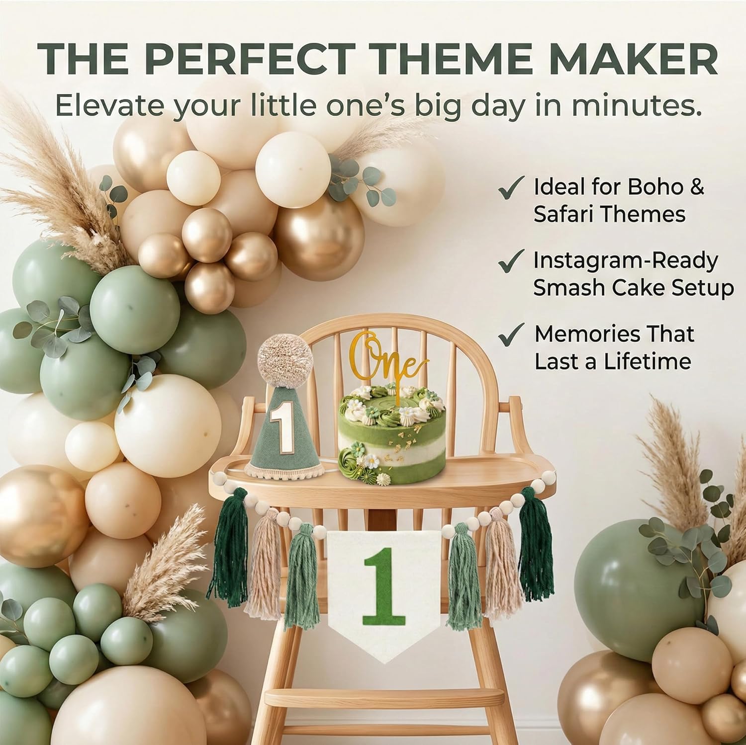 Cone Hat And Cake Topper Wood Bead Tassel Garland First Birthday Decorations / Green