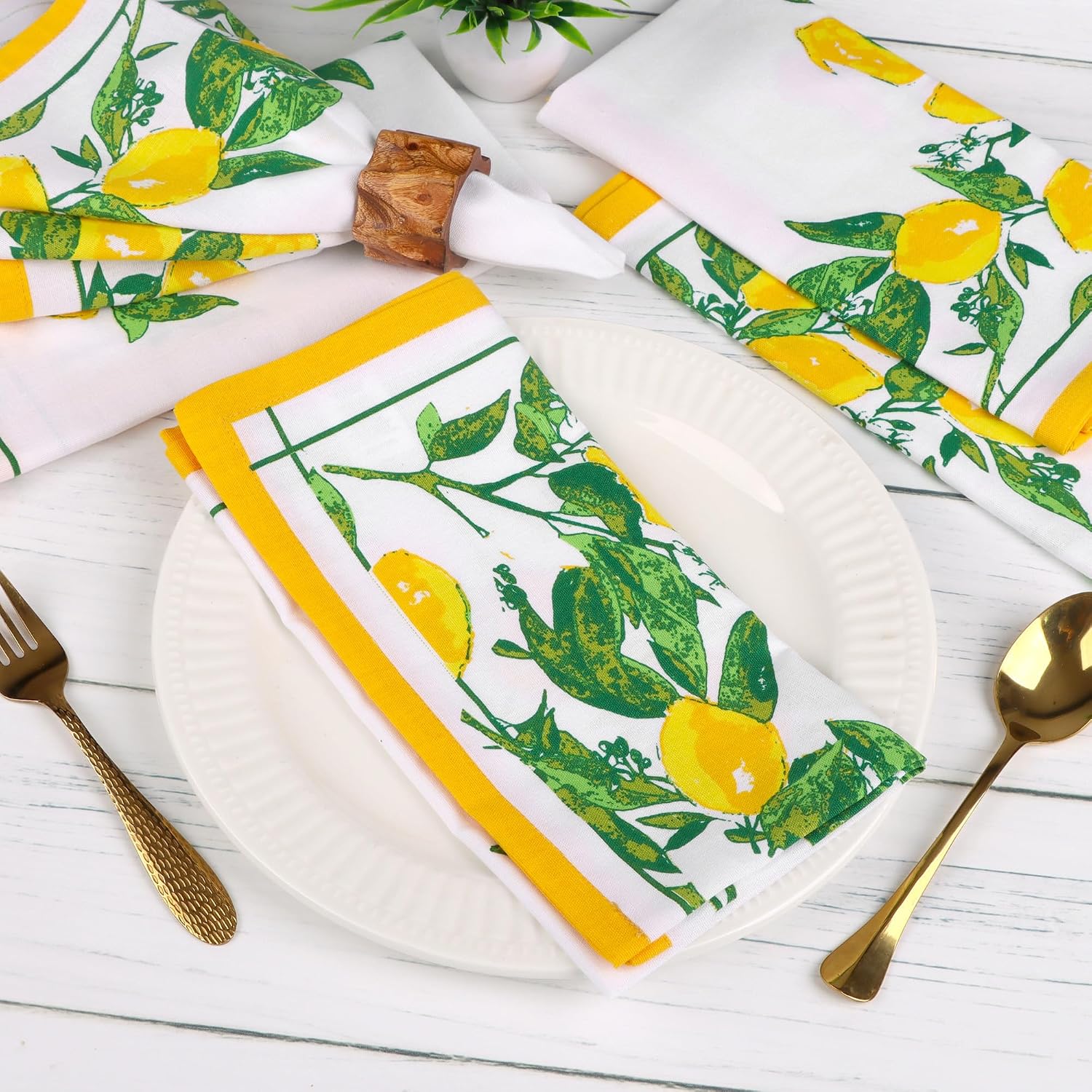 NATURALCRAFT Printed Cloth Napkins Set of 12 Cotton Linen Lemon Print | 20x20 inch Washable Reusable Fabric Soft