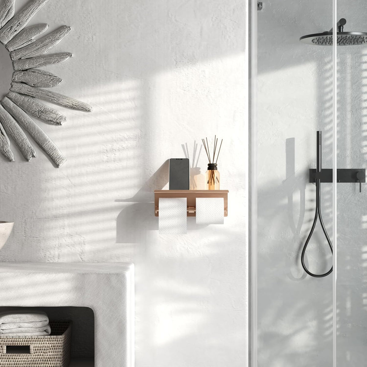 Rose Gold Toilet Paper Roll Holder with Shelf Wall Mounted for Bathroom (Rose Gold, Double Head)