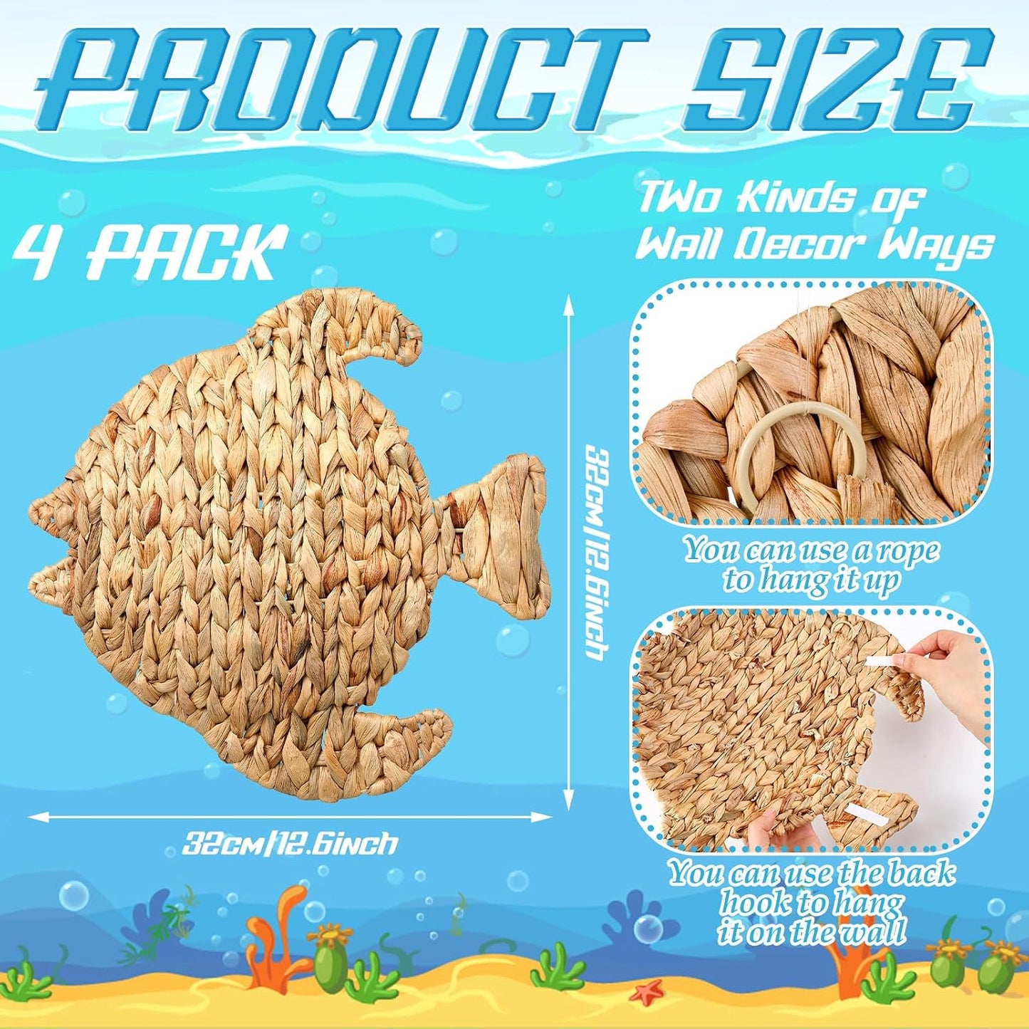 Wicker Fish Wall Decor Coastal Fish Hanging Sea Decors Handmade Wicker Beach / 12.6 Inch / Set of 4