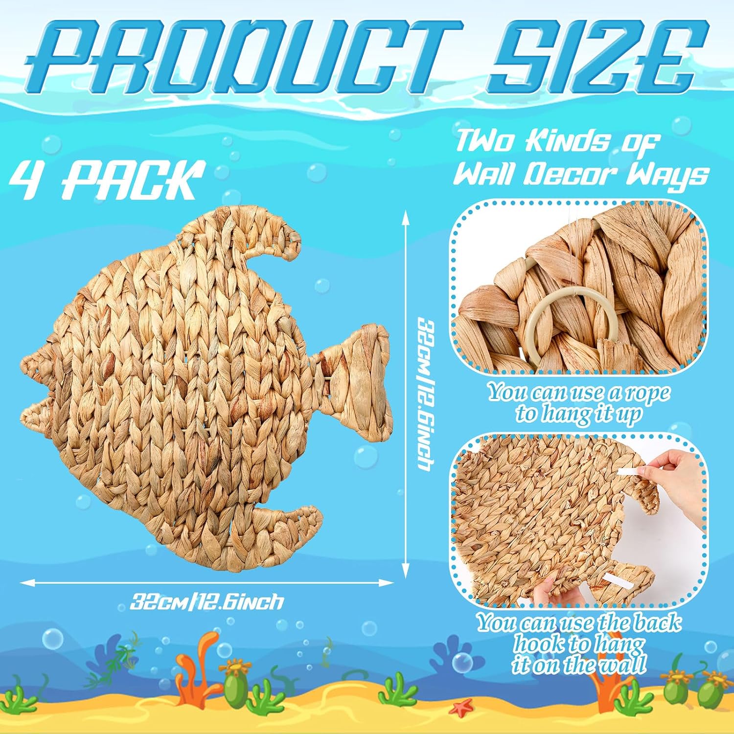 Wicker Fish Wall Decor Coastal Fish Hanging Sea Decors Handmade Wicker Beach / 12.6 Inch / Set of 4