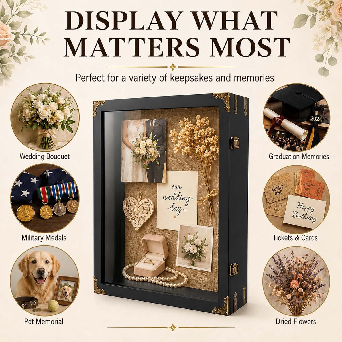 16x20x4.7 Inch Large Shadow Box Frame, 3.5-Inch Deep (Rustic Black) | Tempered glass, solid wood and linen backing for