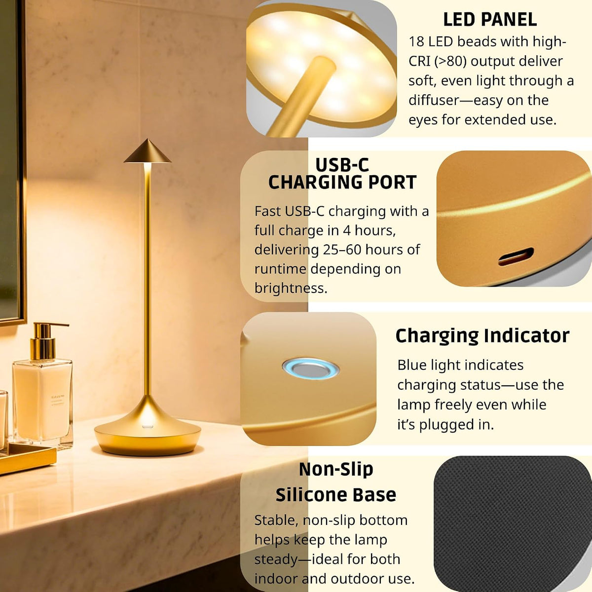 Cordless Rechargeable Table Lamp, Long-Lasting 60-Hr Battery, Dimmable LED | Set of 2 Gold with IP54 6000mAh 3 Color
