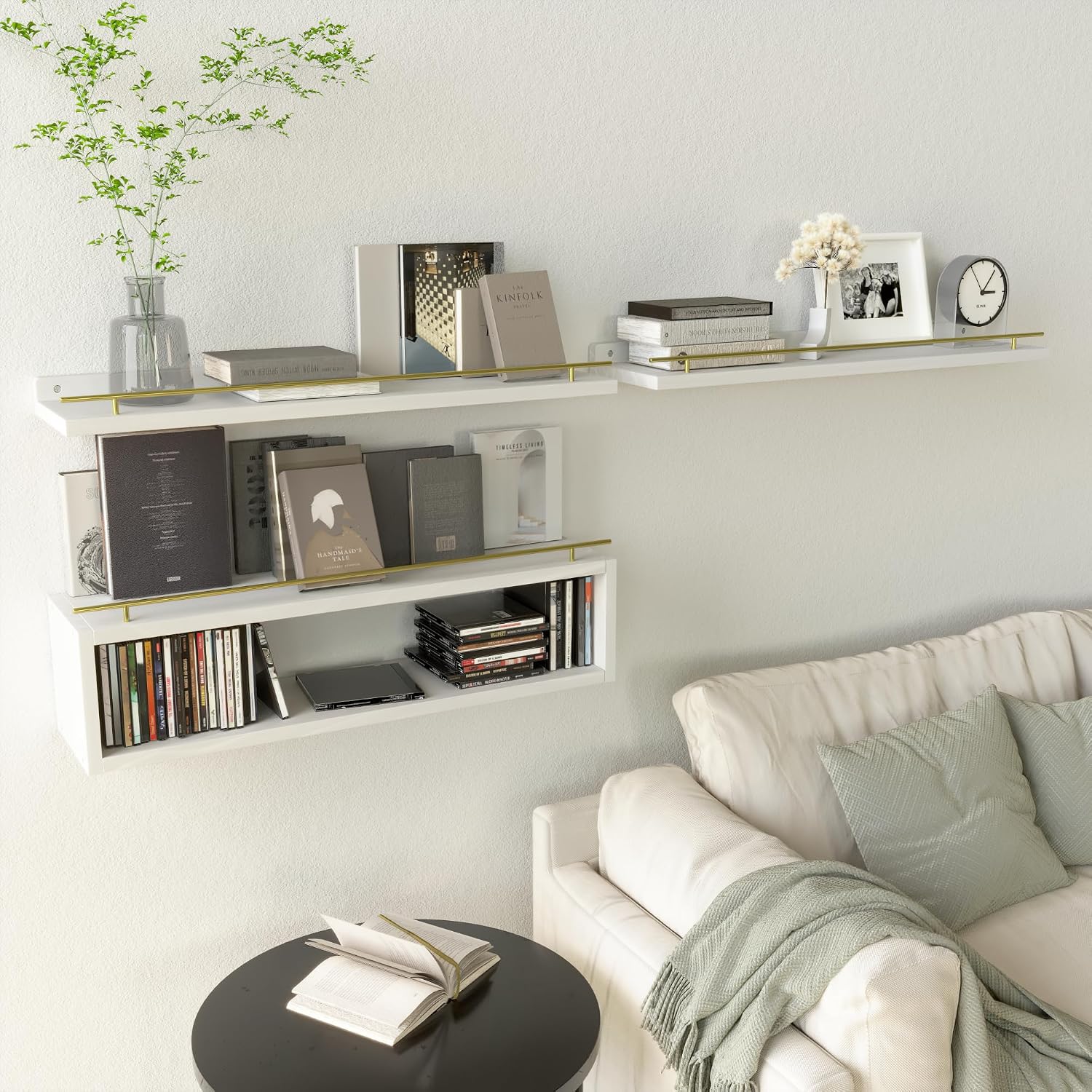 Floating Shelves for Wall 24 inch with Cube Shelf, Wall Shelves with Metal Rail for Decor, Bathroom Organizers and