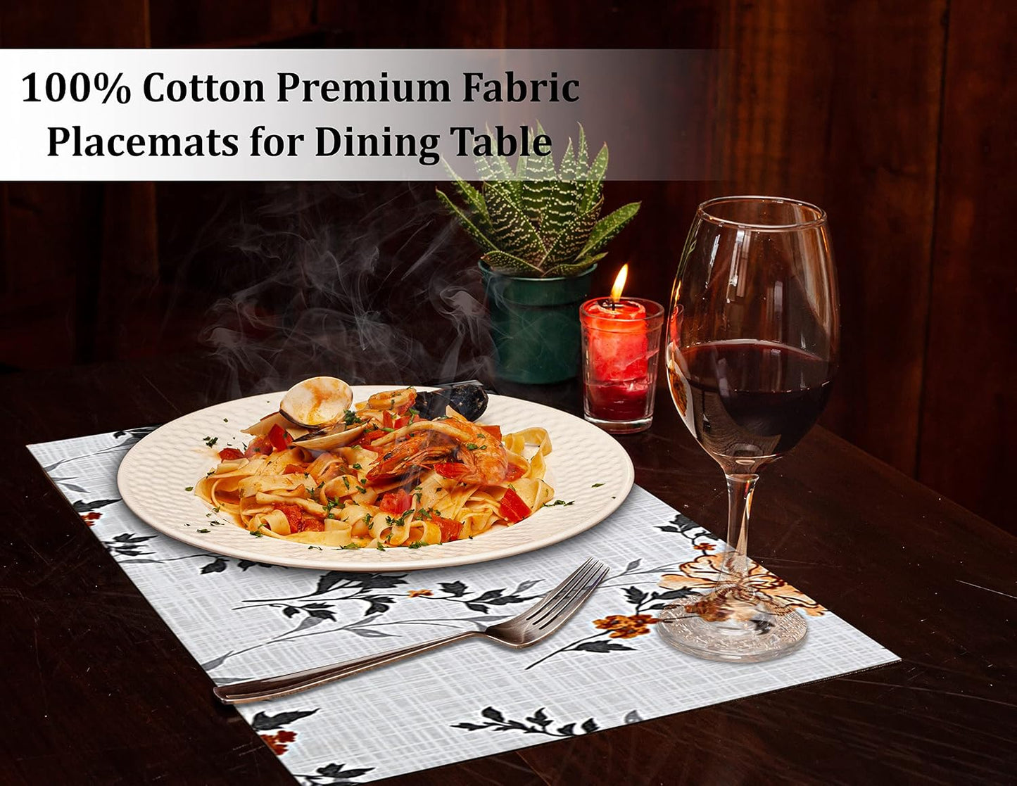 Ruvanti Placemats Set of 6, 100% Cotton Place Mats of 13"x19" – Grey Floral | Heat, Stain resistant, Washable