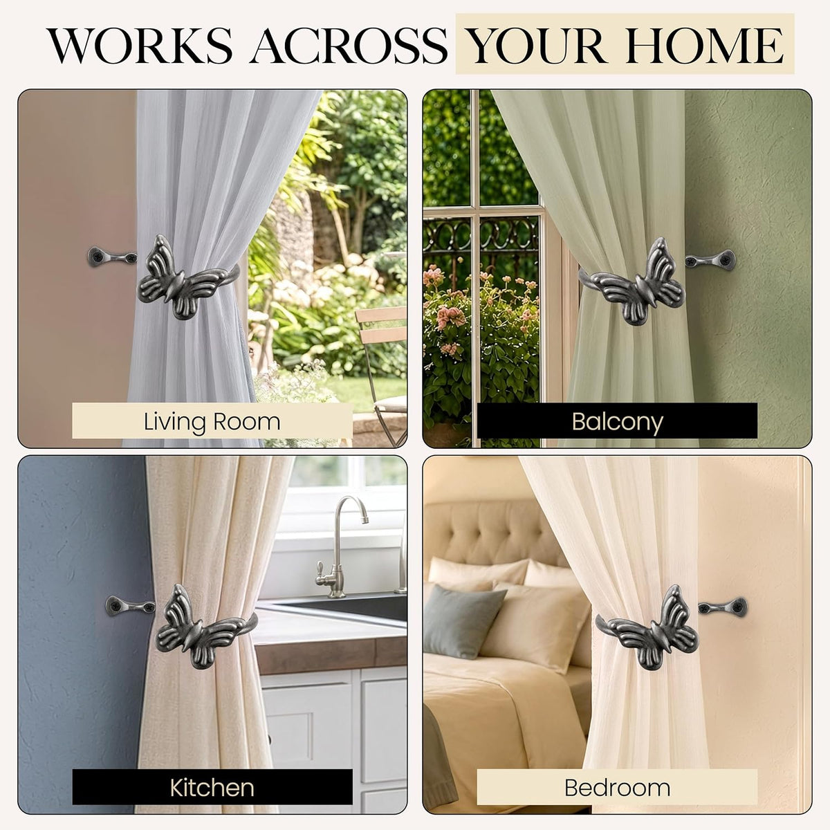 Metal Curtain Tiebacks, Drapery Holders for Wall, 2 Pcs | Farmhouse Wrought Iron Curtain Holdbacks, Ornamental Window
