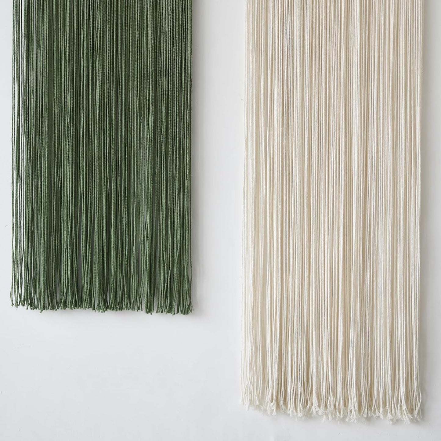 Macrame Wall Hanging Boho Decor Wall Tapestry Handmade Round Tassel / Ivory and Green / Set of 2
