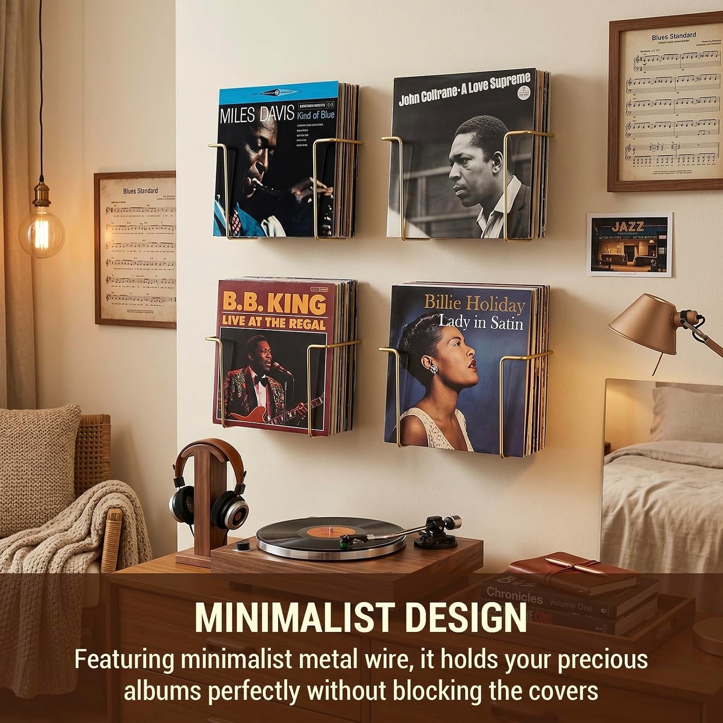 MyGift Brass Metal Vinyl Record Wall Rack Set of 4, LP Display Shelf | Wall Mounted, Wire Construction, Modern Hanging