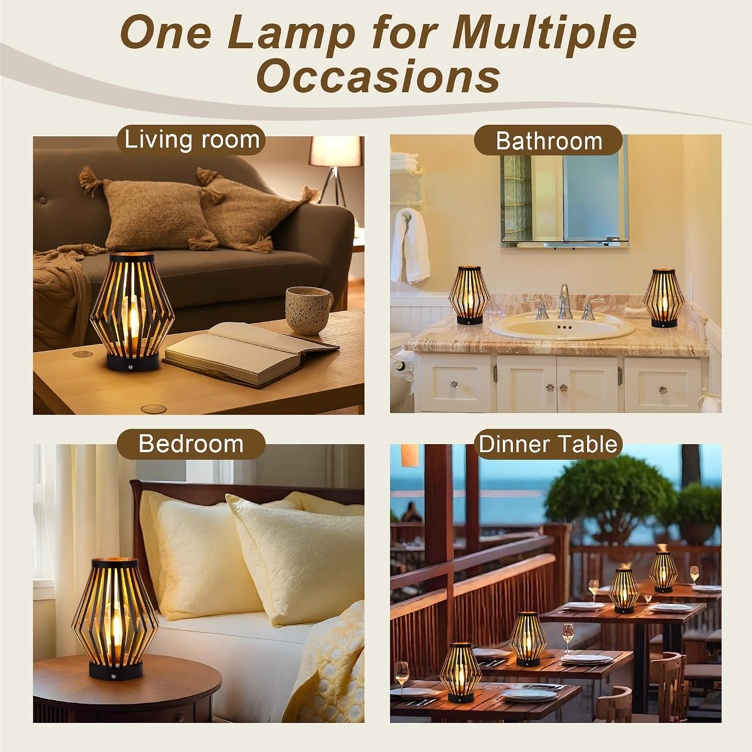 JHY DESIGN Dimmable Touch Bedside Table Lamp 8.5''H Rechargeable Metal Cage Lantern with LED Edison Style Bulb Cordless