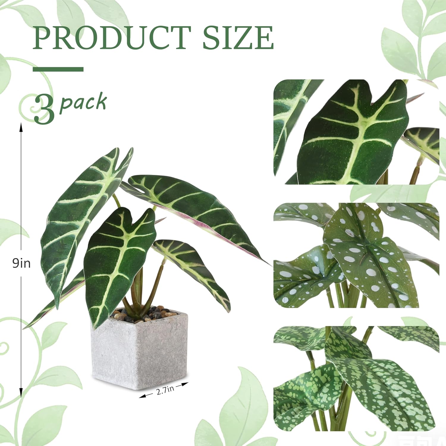 Small Fake Plants Artificial Begonia Leaves Faux Plants Indoor / Green / Set of 3