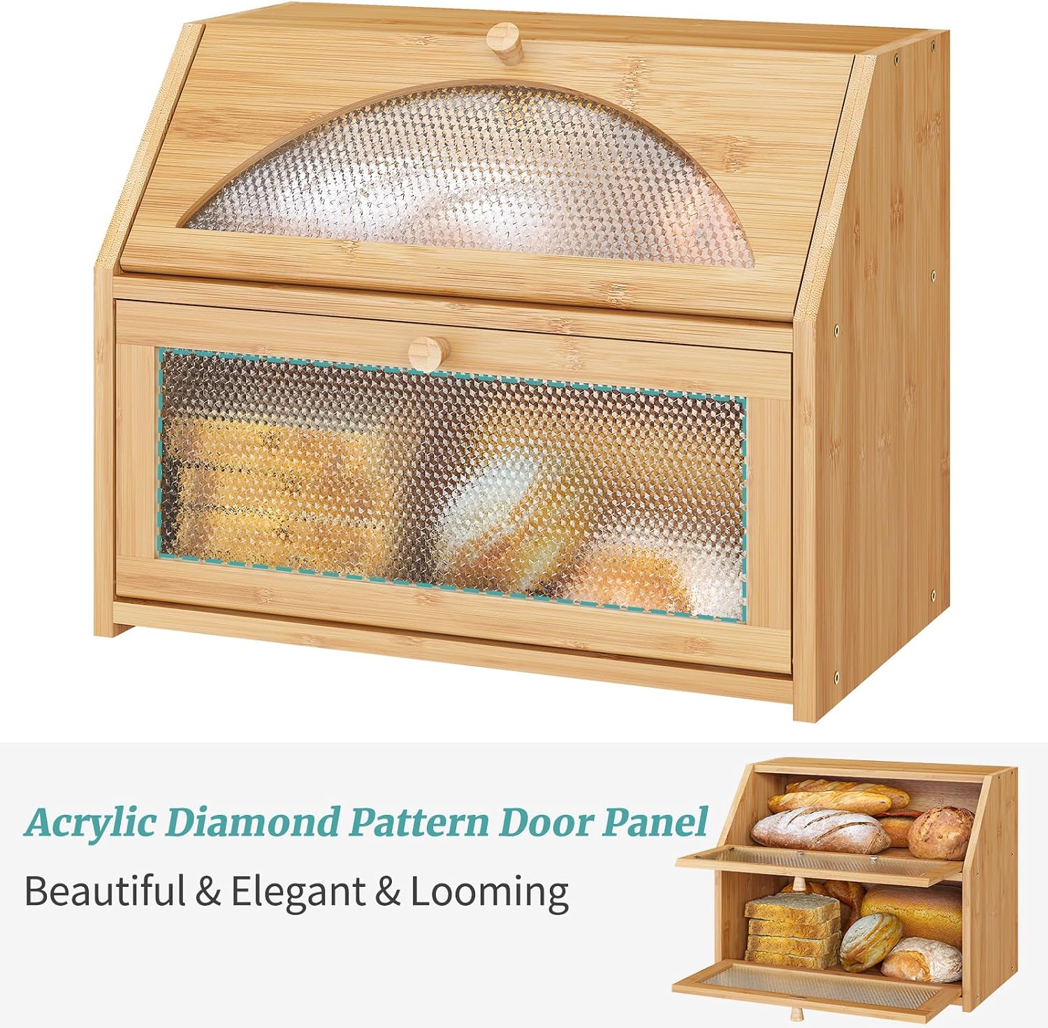 Bread Box, Bamboo Wood Bread Box for Kitchen Counter, Double-layer Bread Storage Bin, Acrylic glass with Diamond