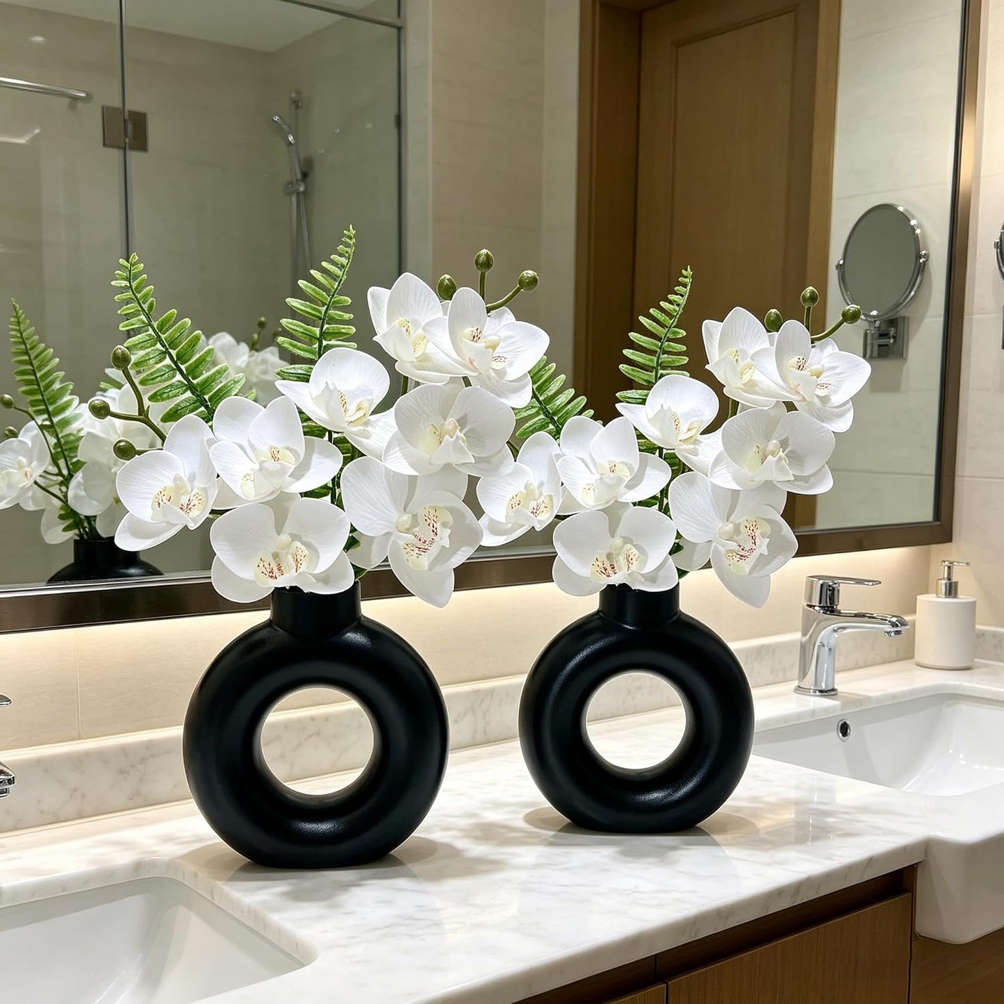 Artificial White Orchids in Black / 2pot White Orchid with Black Ceramic Vase / 10 Inch / Set of 2