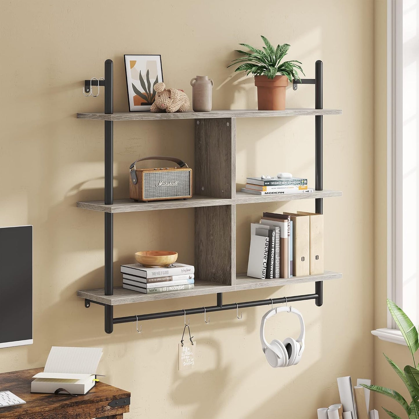 Bestier 41" Floating Kitchen Shelves Wall Mounted 3 Tier Coffee Bar Mug Shelf Hanging with 8 Hooks Display Plant Pipe