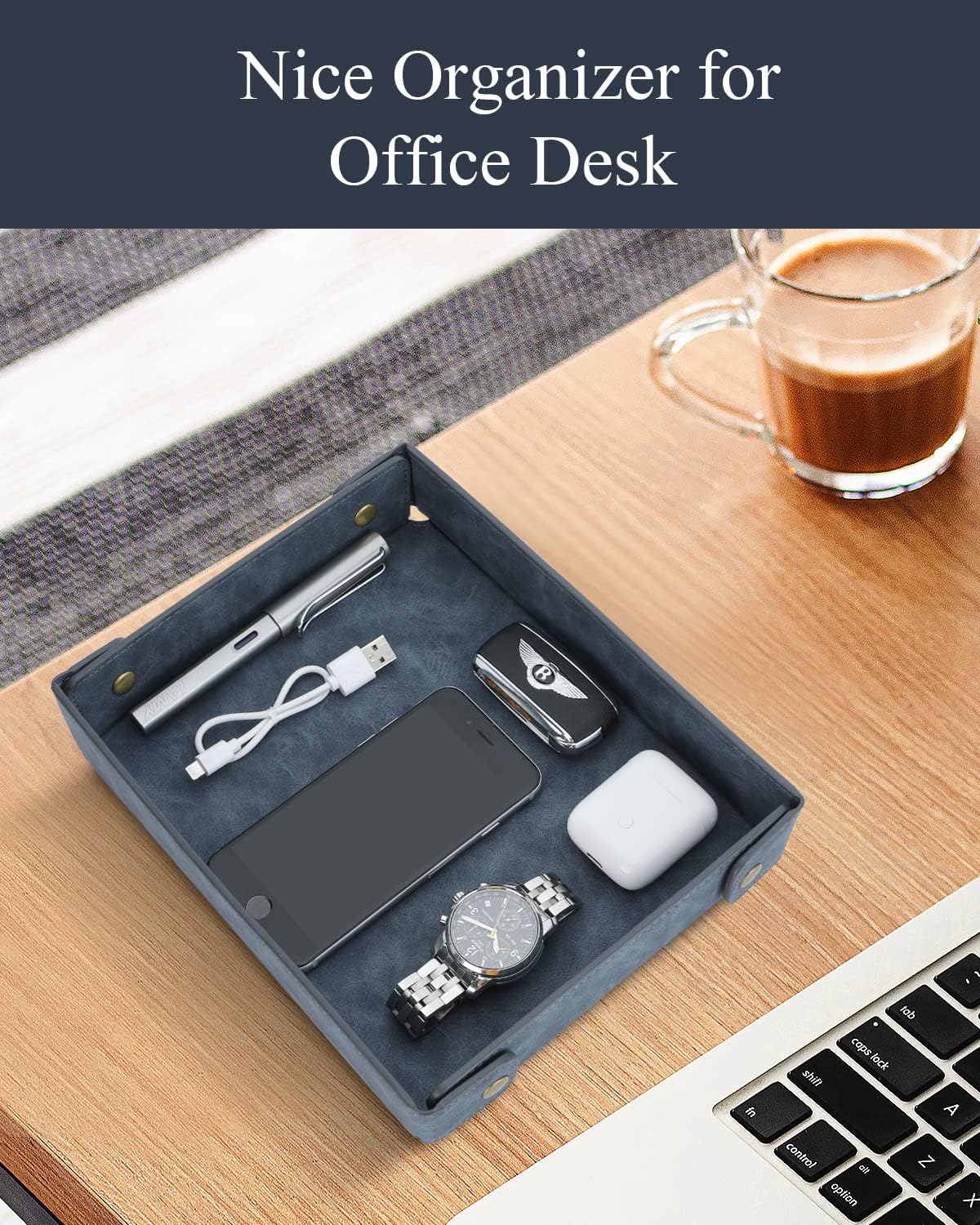 Faux Leather Valet Tray Organizer for Men / Gray-blue / Rectangle